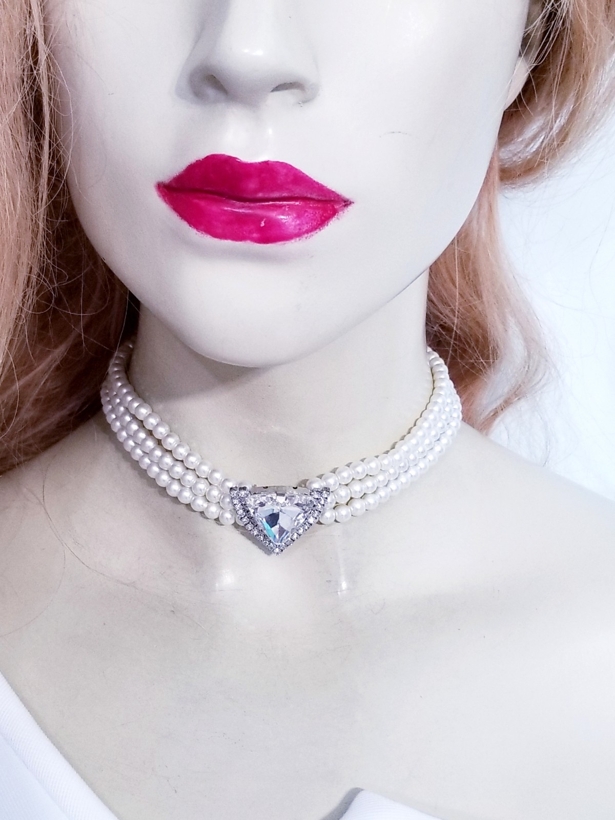 Clear Crystal Choker Rhinestone Created Pearls Necklace Bridal Prom Pageant