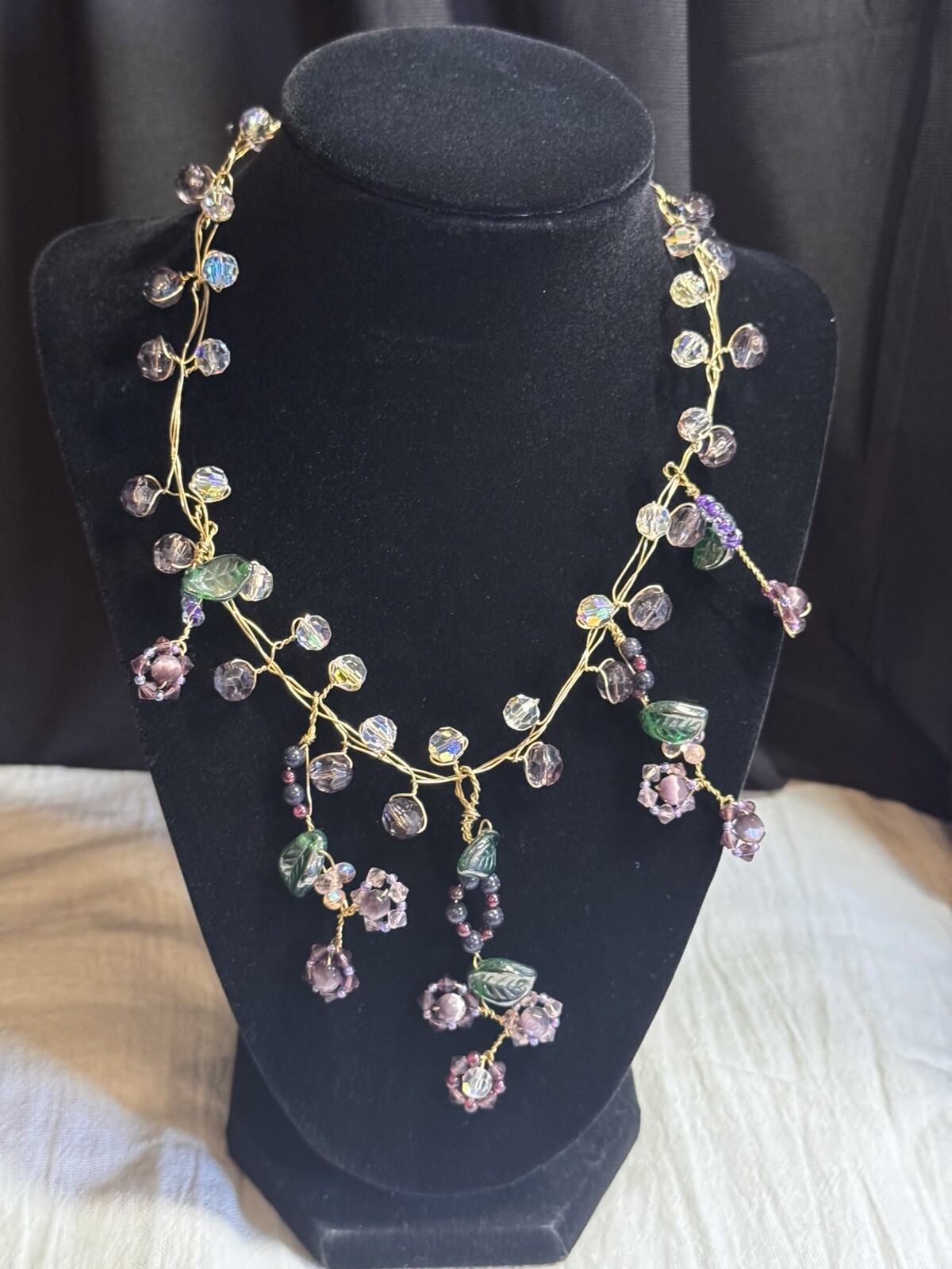 Artisan Handmade Wire Necklace With Glass And Crystal Beads, Flowers And Leaves