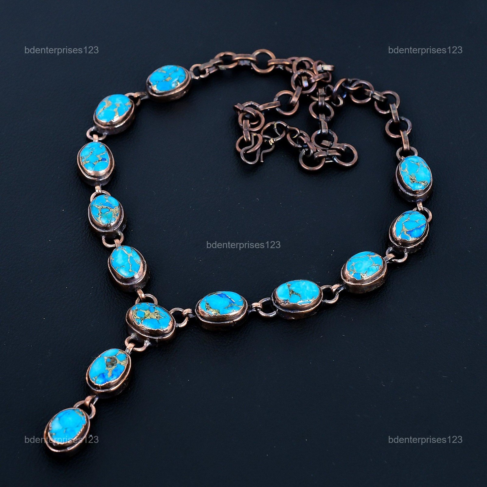 Oval Copper Blue Turquoise Gemstone Copper Chain Electroformed Necklace Jewelry