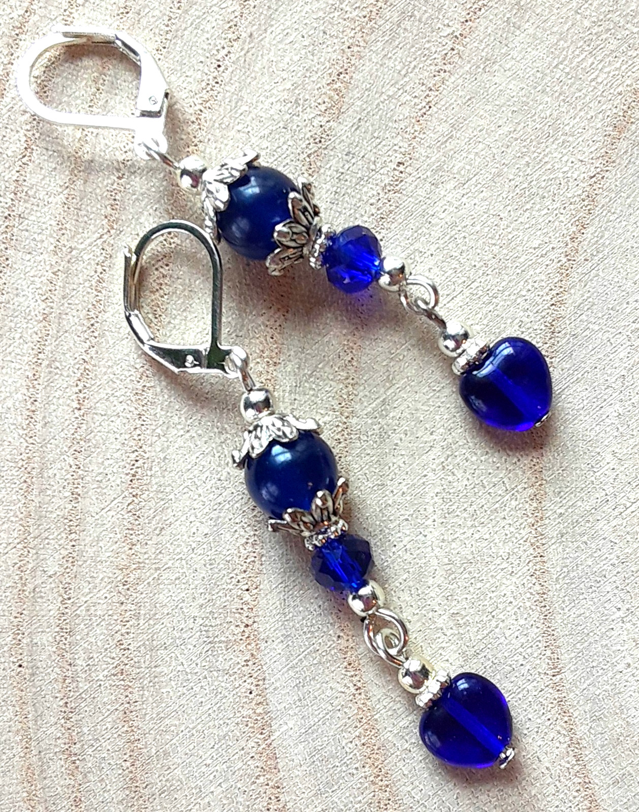 COBALT BLUE JADE & CZECH HEART DANGLE earring SP LEVER BACK artisan #612