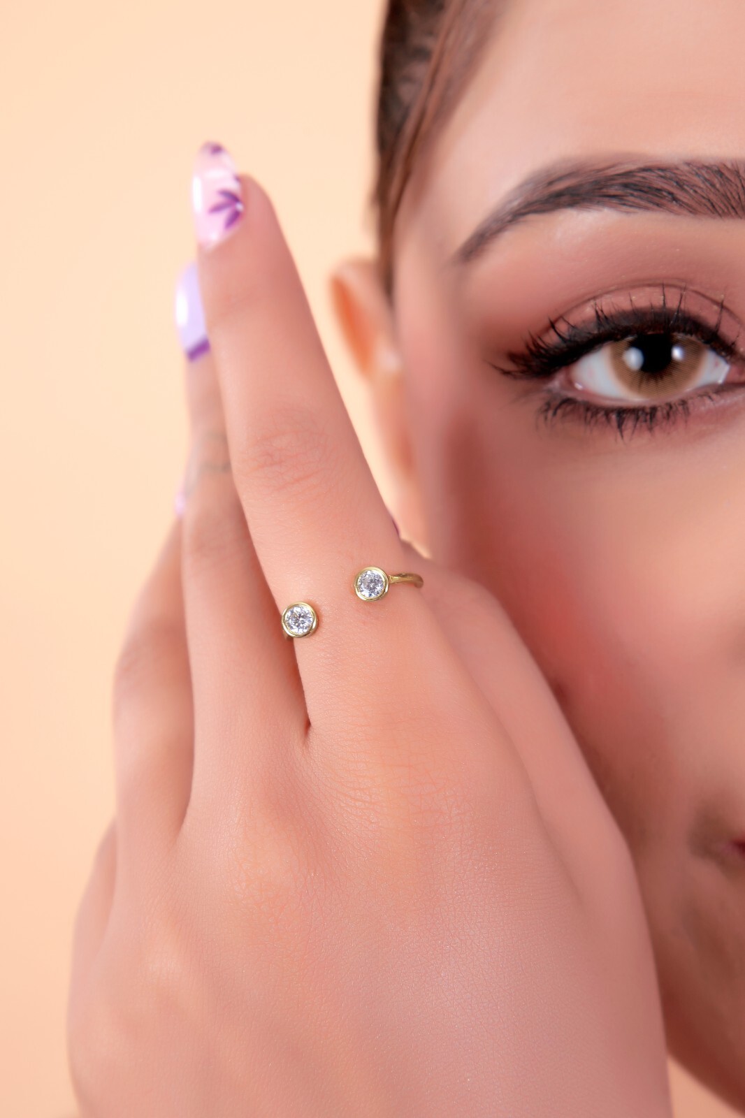 18K Solid Gold Open Round Cut Moissanite Engagement Wedding Matching Ring