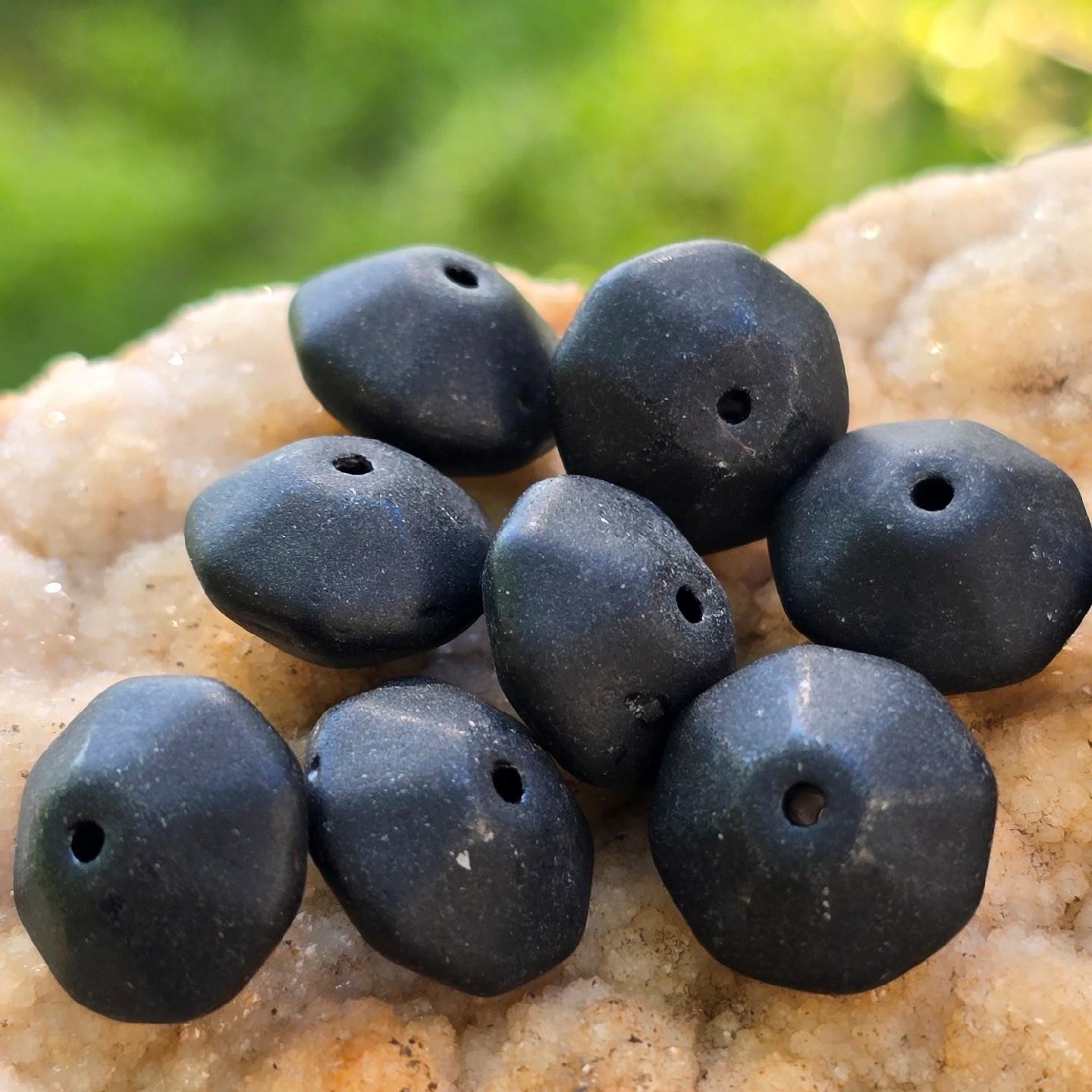 Vintage Matte Black Frosted German Glass Faceted Bicone Beads Brutalist 8pc