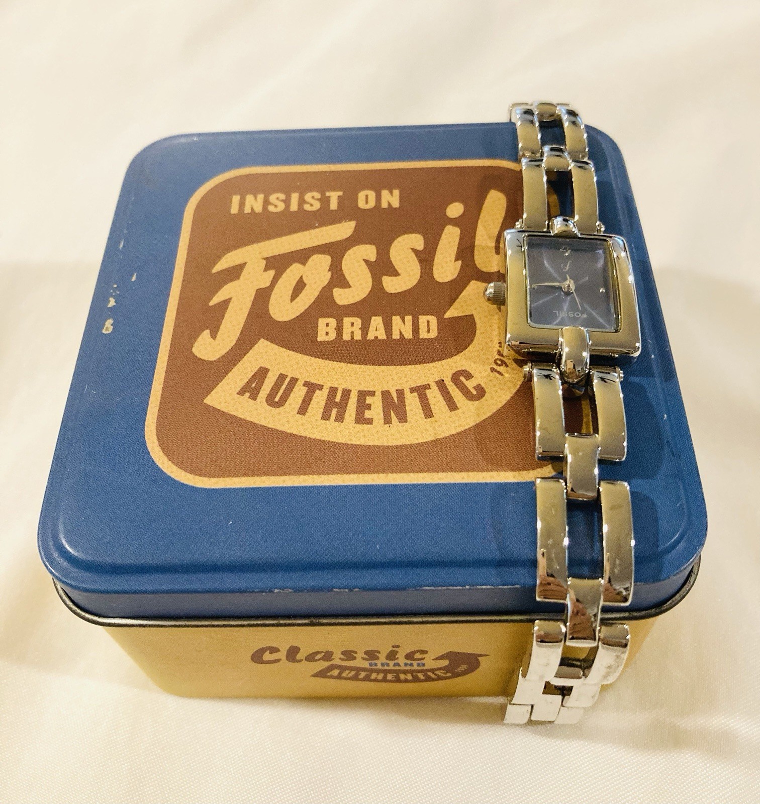 Fossil F2 Watch Women 19mm Silver Tone Rectangle Blue Dial Original Box