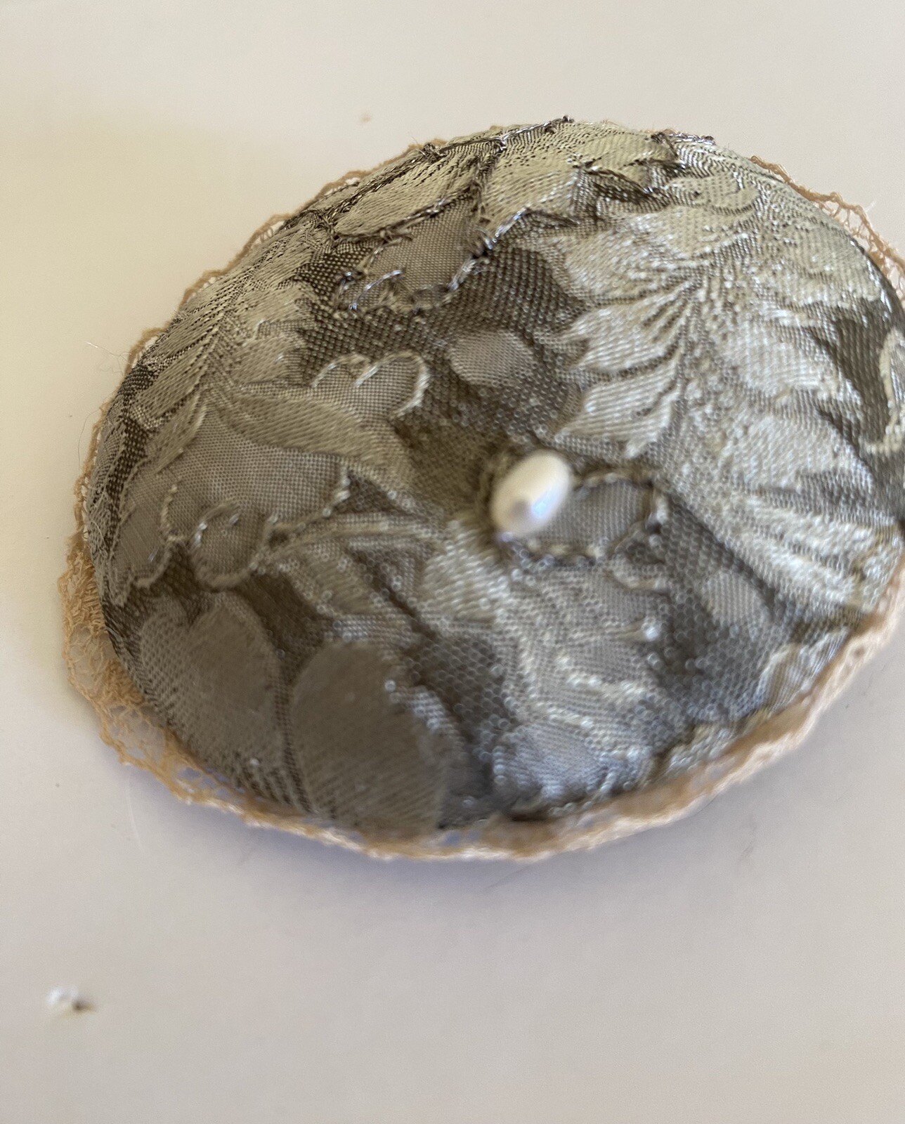 Vintage Round Shabby Chic Fabric Lace Edged Pin/Brooch W.Pearl 2.75”.