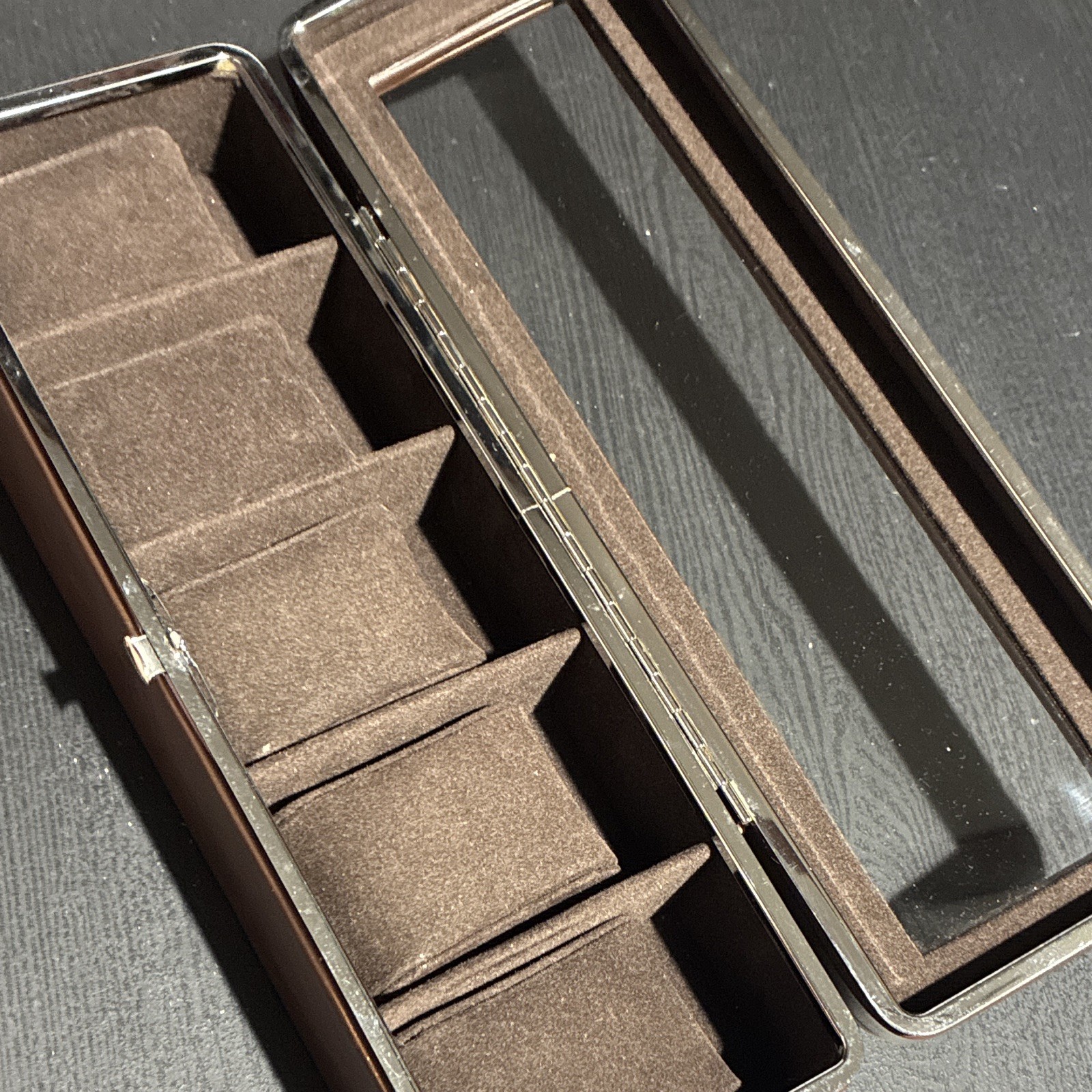 Berkshire Brown Faux Leather Watch Storage Box Case w/ Glass Lid, 5 Slot