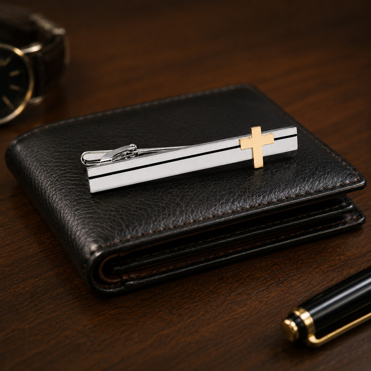 Two Tone Christian Cross Tie Clip Silver Gold Faith Religious Men’s Tie Bar