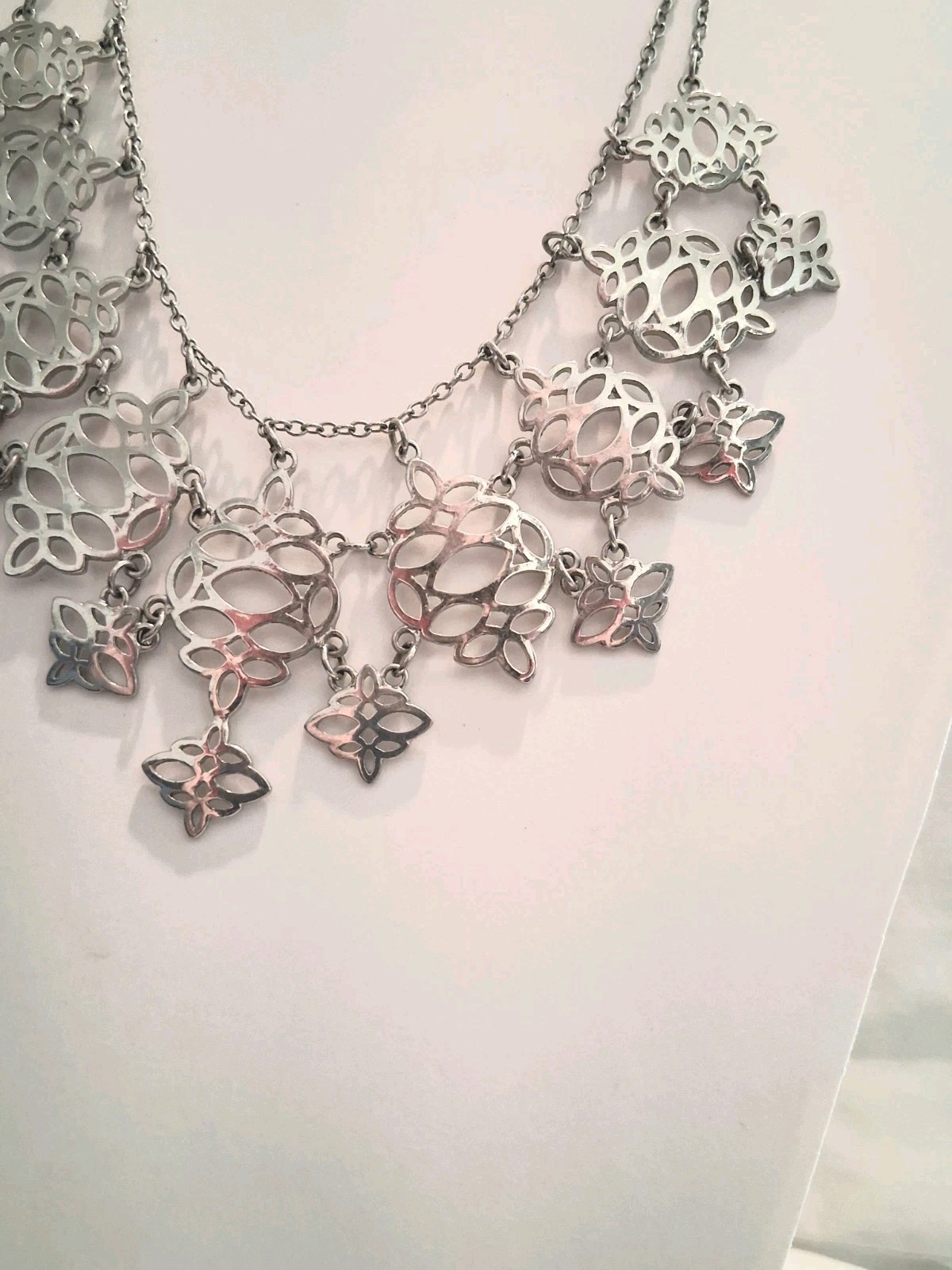 Silver Tone Floral Cutout Bib Statement Necklace, Metal Cable Chain