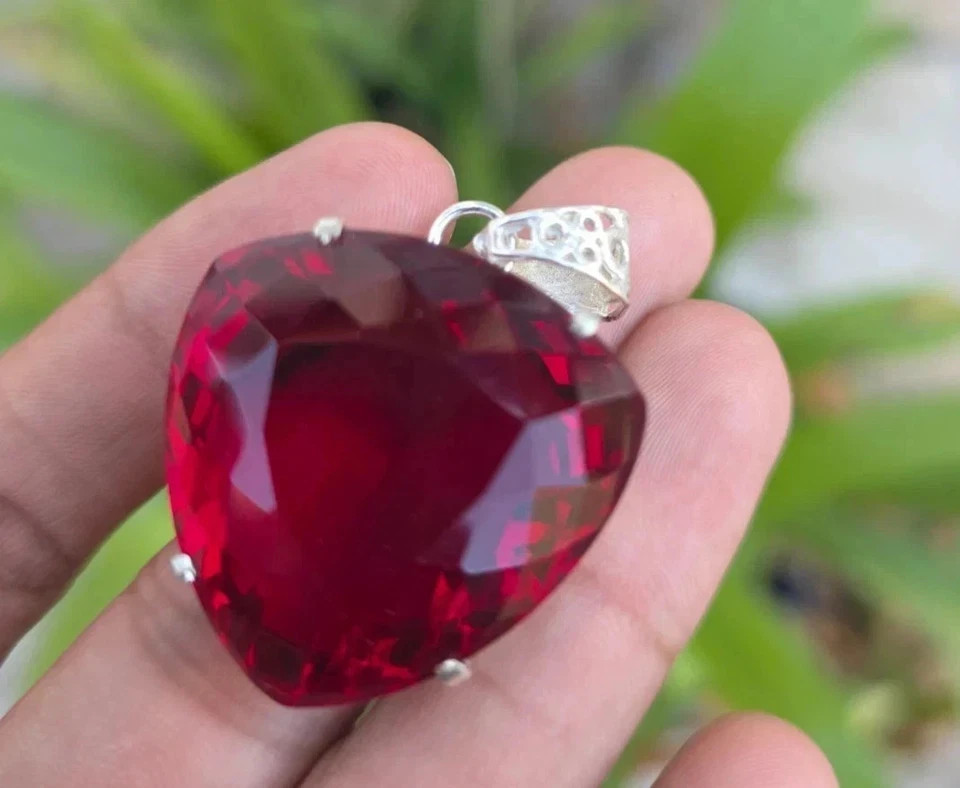 Natural Red Ruby 35 Ct Trillion Loose Gemstone 925Solid Silver Certified Pendant