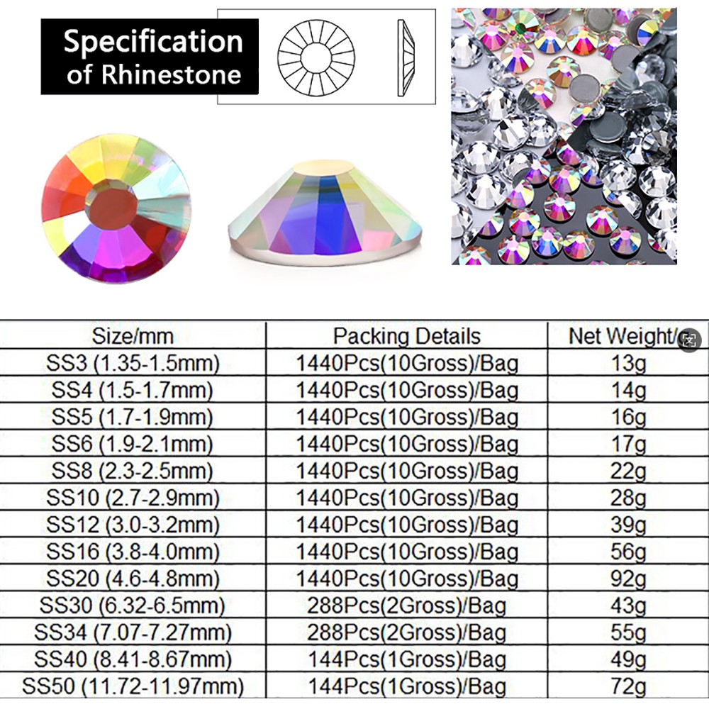 1440pcs All Colors 3D Nail Art Crystal Non Hotfix Flatback Rhinestones SS3-SS12