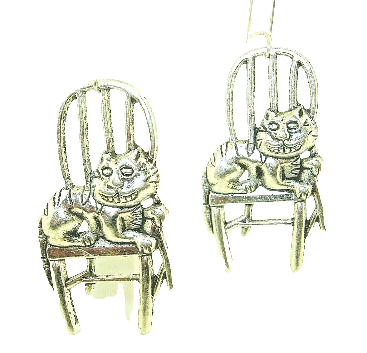 New Large Alice in Wonderland 3-D CHESHIRE CAT Silver-tone Dangle Earrings 2.5″