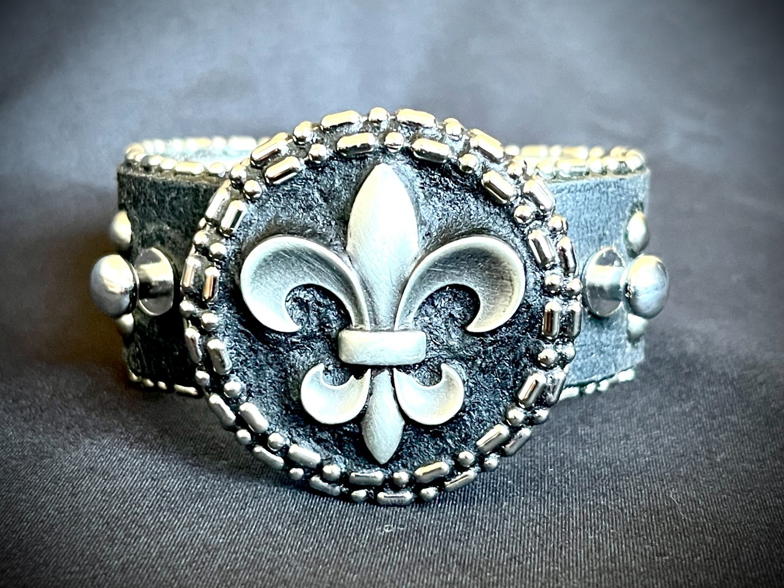 SwitchCore Modular Industrial Leather Cuff 3-Module Fleur-de-Lis Star Cross OOAK