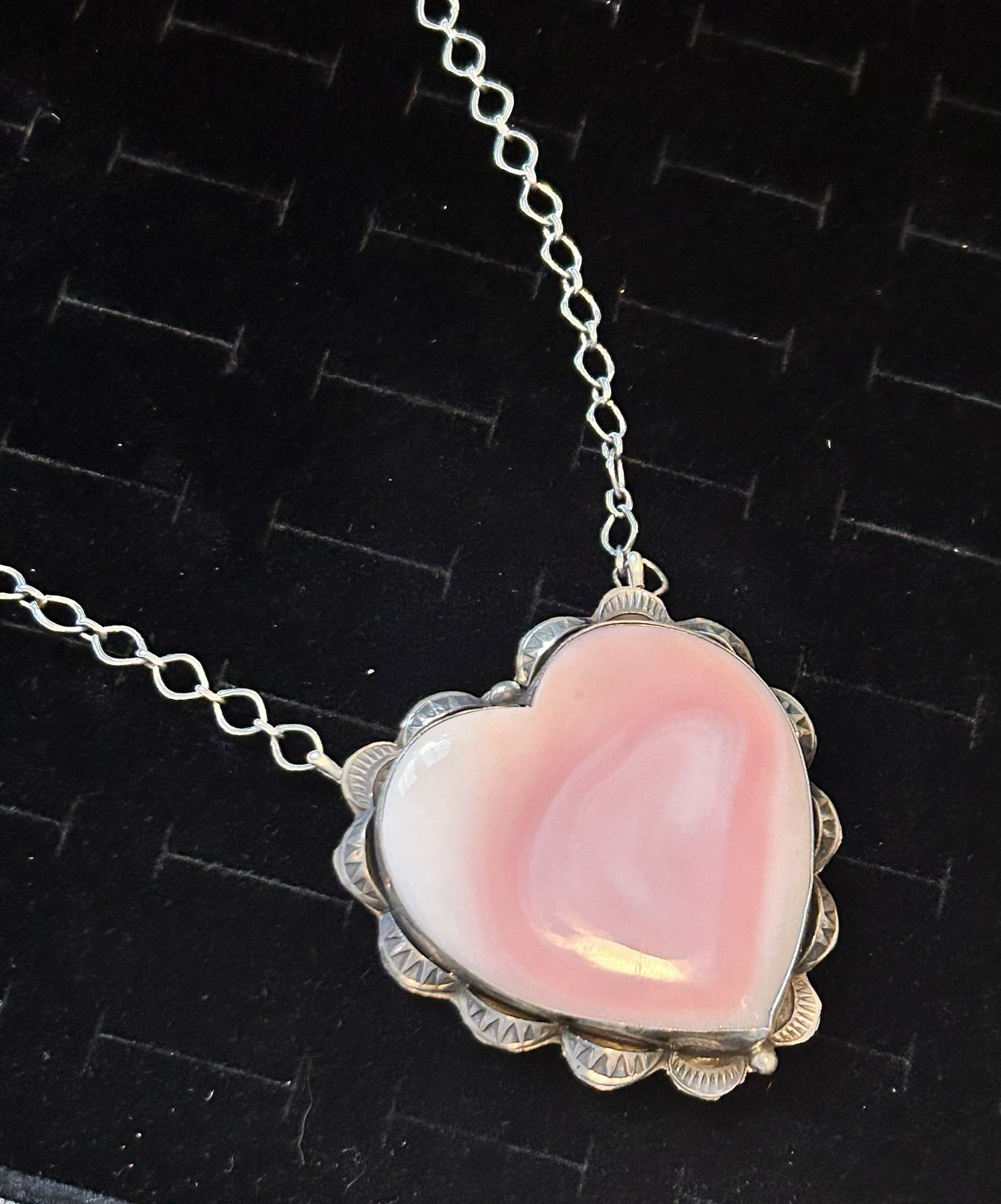 Navajo Handmade Sterling Silver & Pink Conch Heart Necklace by Artist Tia Long