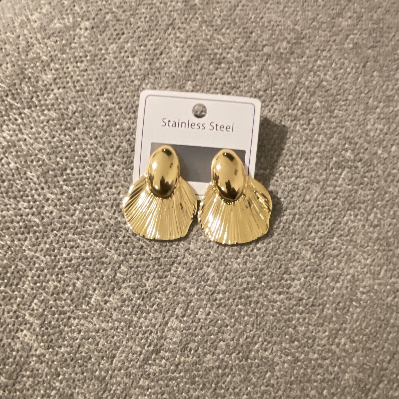 Gold Tone Stainless Steel Shell Fan Stud Earrings, Butterfly Back, No Stone