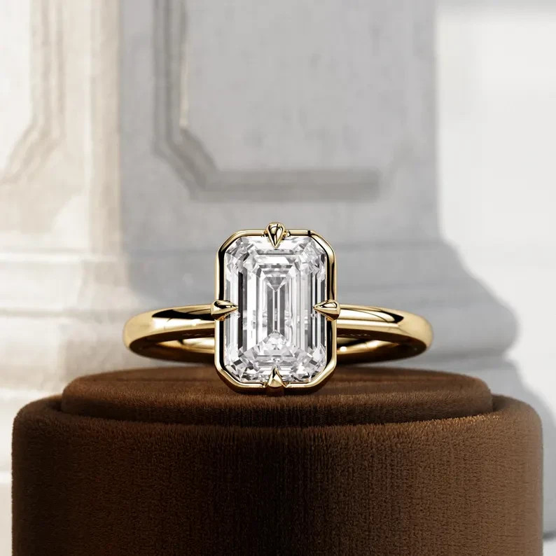 2Ct Emerald Cut Lab Grown Diamond Bezel Prong Set Engagement Ring 14kYellow Gold