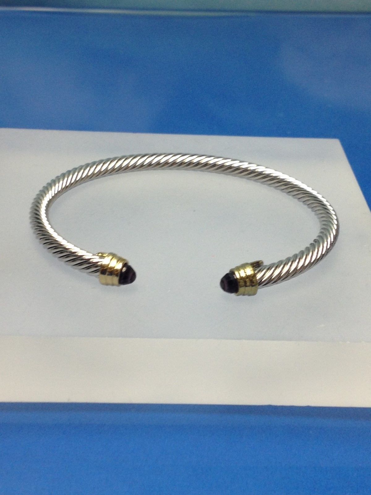 DESIGNER INSPIRED BANGLE SILVER FINISH GOLD CRYSTAL TIPS CLASSIC CUFF BRACELET