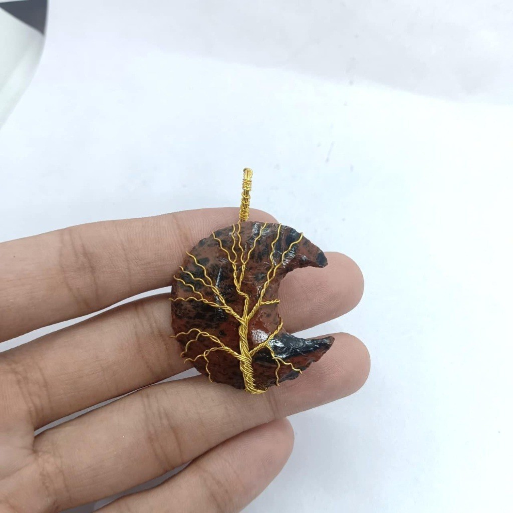 Crescent Moon Jasper Pendant 40-45Ct | Tree of Life Gold Wire Wrap Necklace
