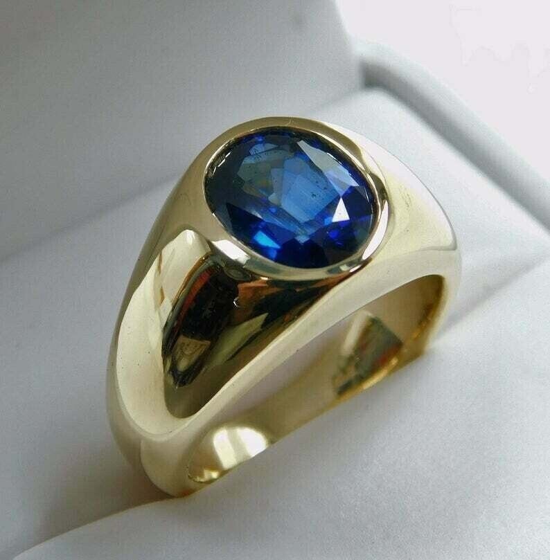 2 Ct Lab Created Oval Cut Blue Sapphire Ring For Men 14k Yellow Gold Plated