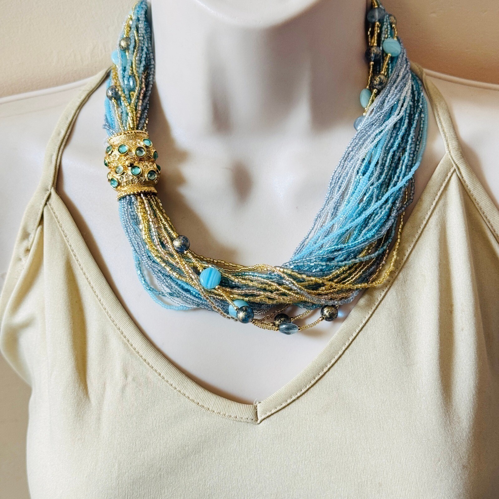 VTG Runway Regal Necklace Bracelet set multi use Glass cabochon Blue Jeweled 80s