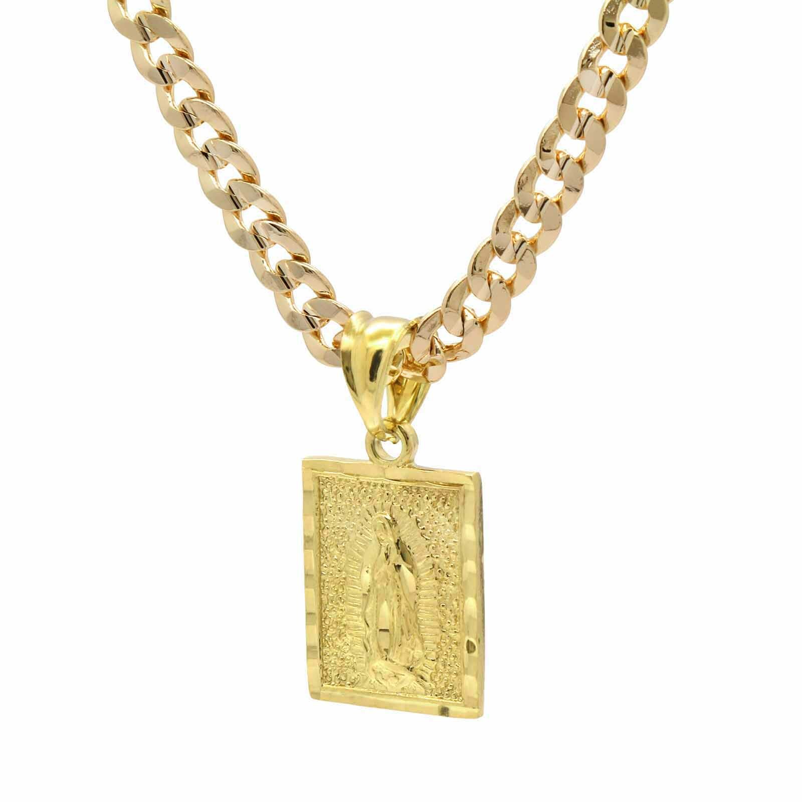 Mens 18k Gold Plated Brass Guadalupe Pendant 6mm 24″ Cuban Chain