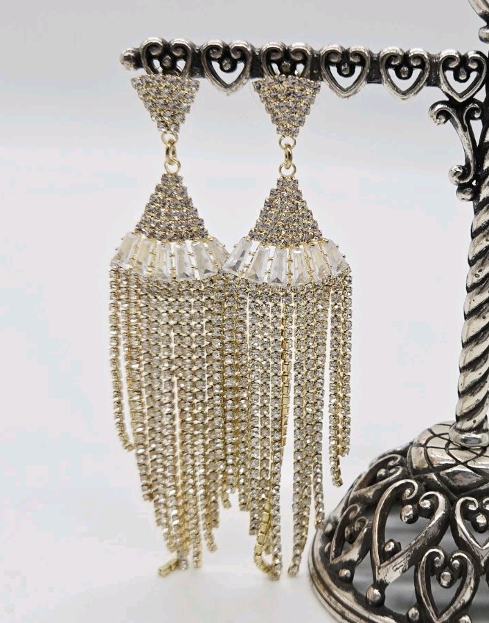 Crystal Chandelier Earrings Fringe Waterfall Dangle Gold Tone Pierced 3.75 in