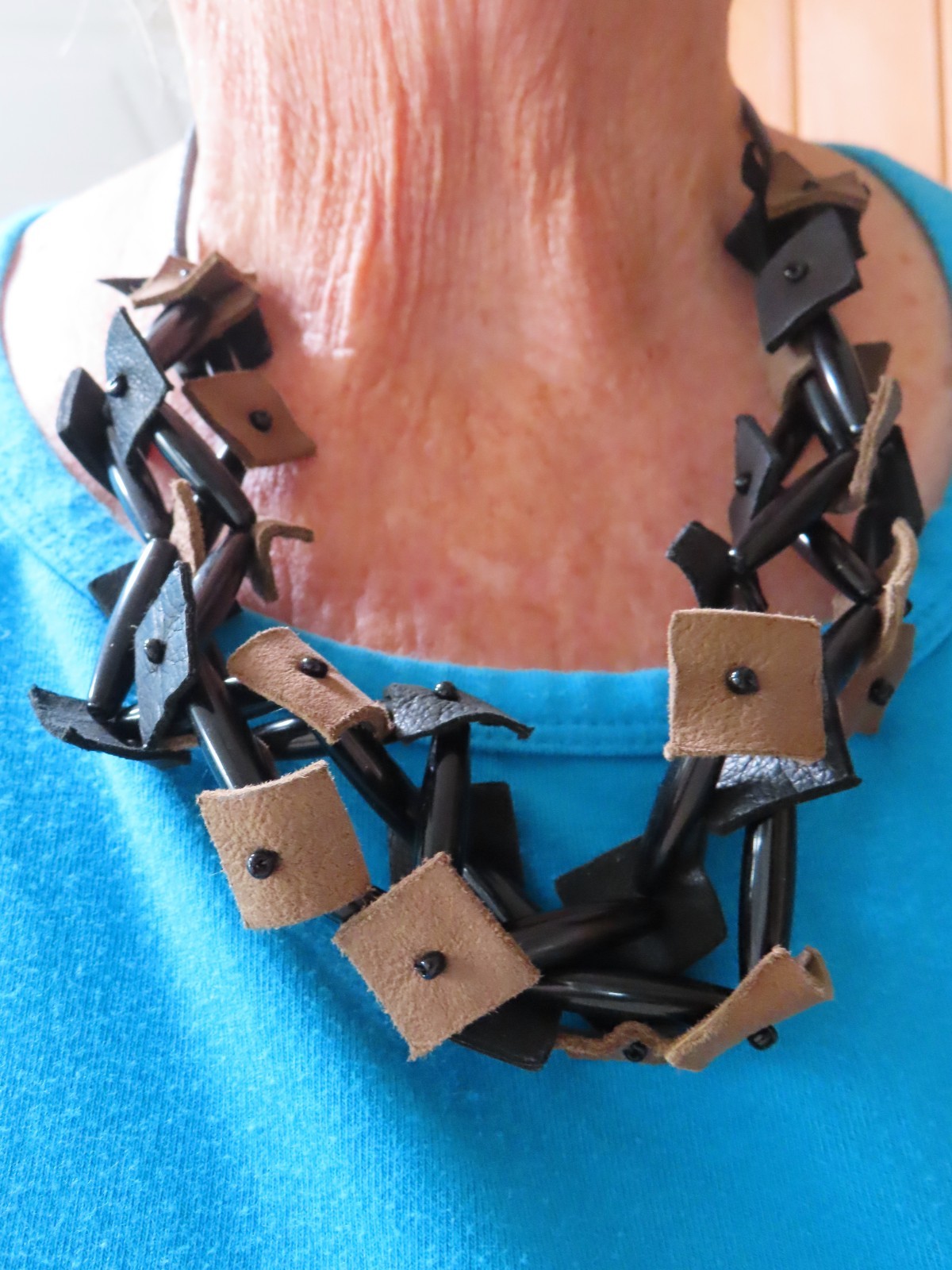 Vintage Triple Strand Black & Beige Leather Statement Necklace