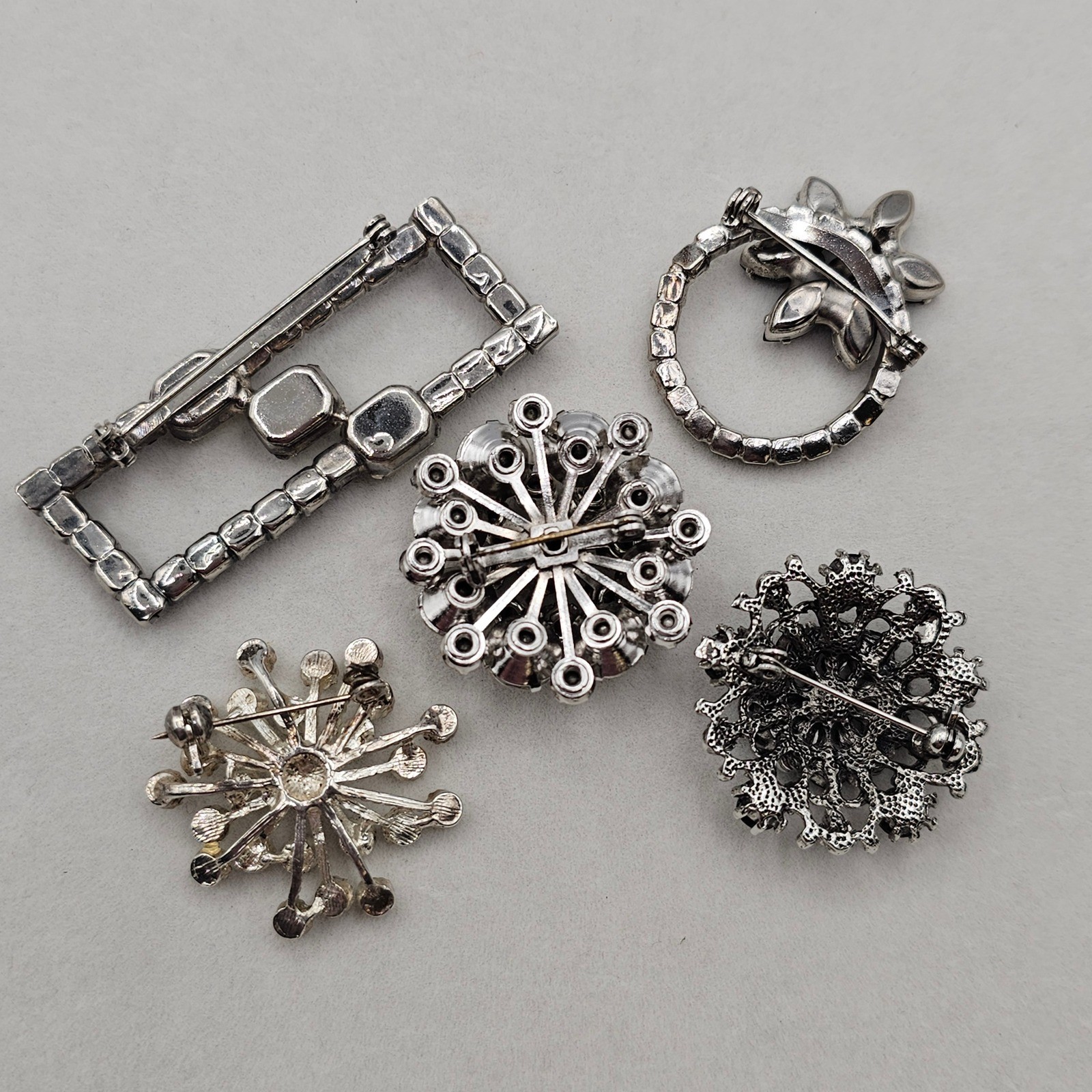 Clear & Black Rhinestone Brooch Lot 5pc Silver Tone Mixed Styles Formal Pins