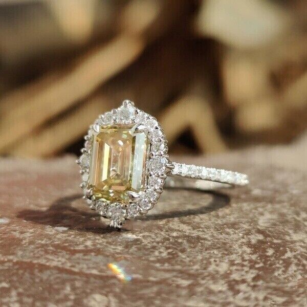 2CT Emerald Cut Simulated Yellow Citrine Engagement Ring 14K White Gold Plated