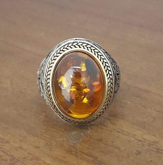 Solid 925 Sterling Silver Natural Baltic Amber Gemstone Signet Men’s Unisex Ring