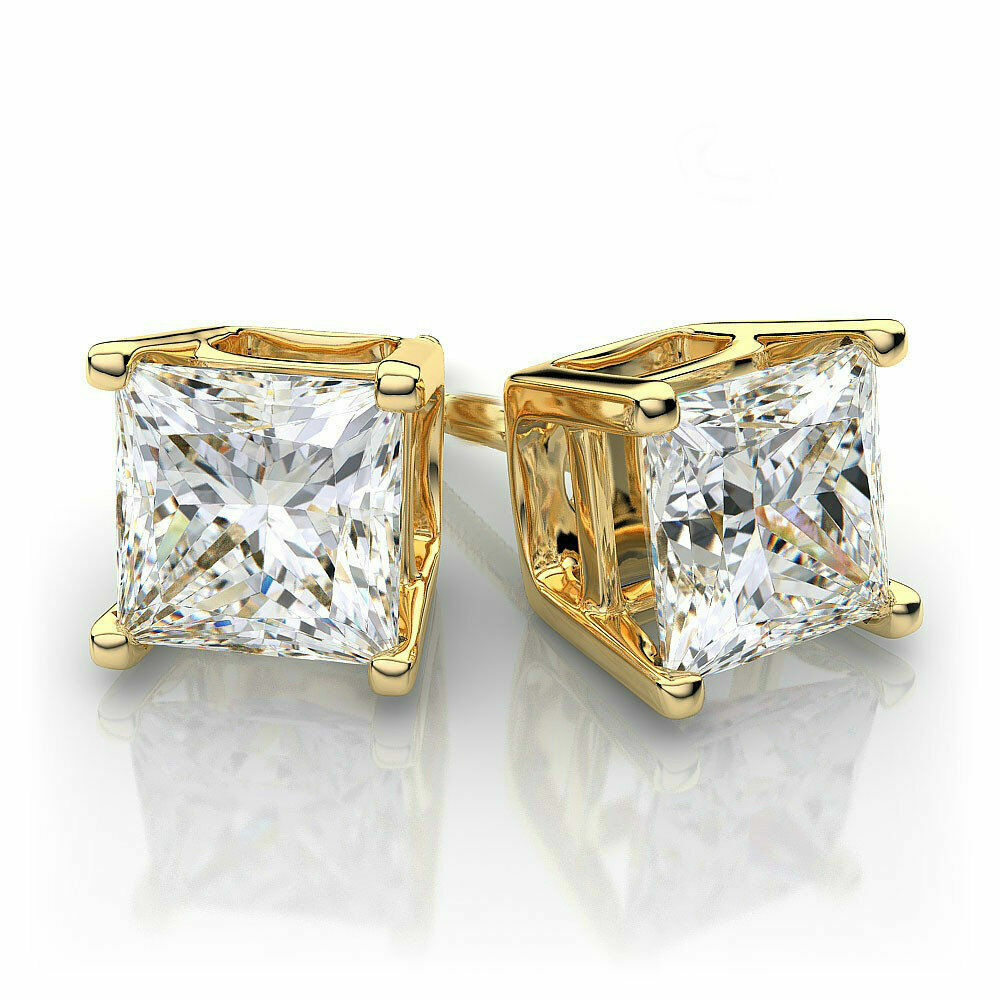 925 Sterling Silver Gold Princess Cut Clear White CZ Stud Earrings