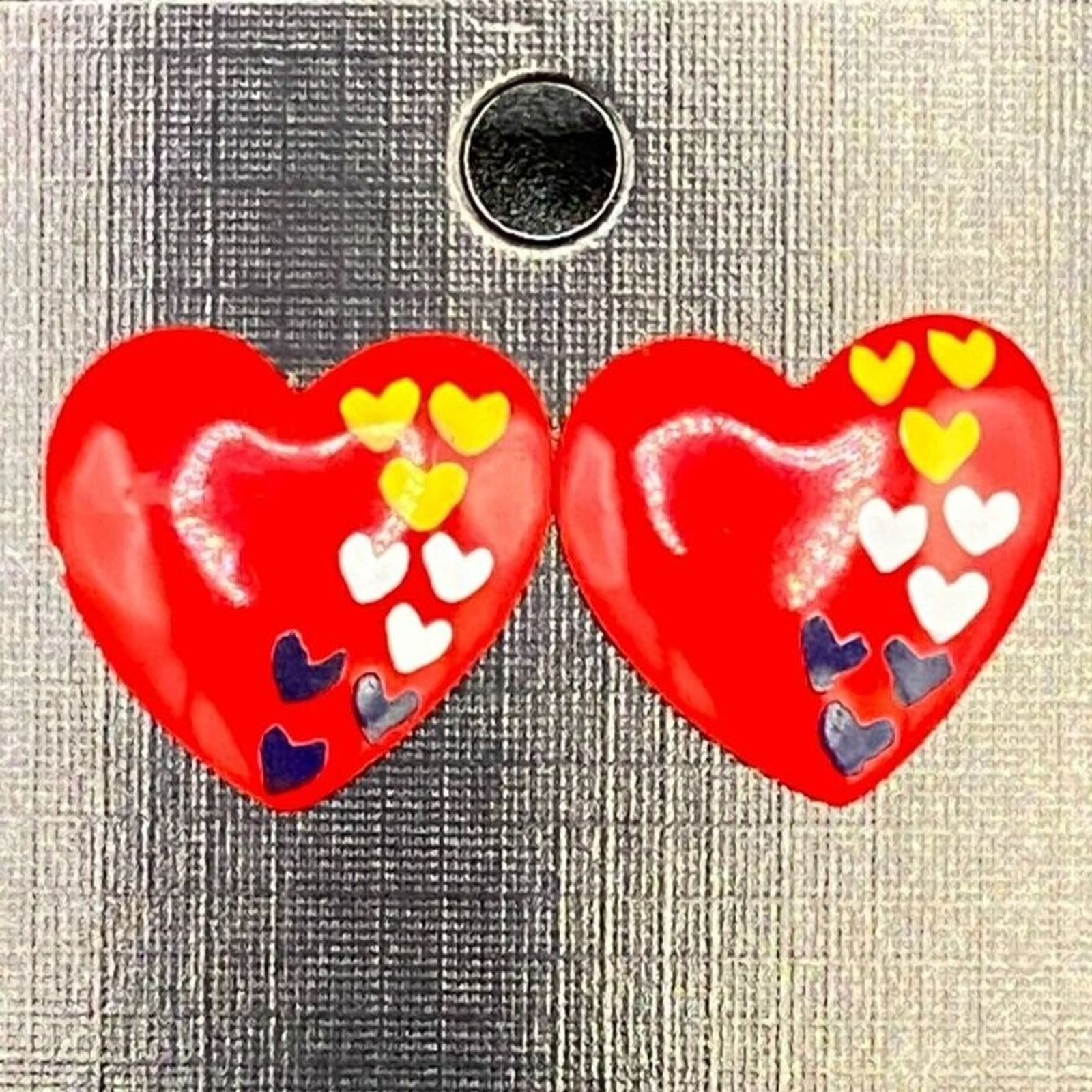 Red Yellow White and Black Enamel Heart Earrings VINTAGE