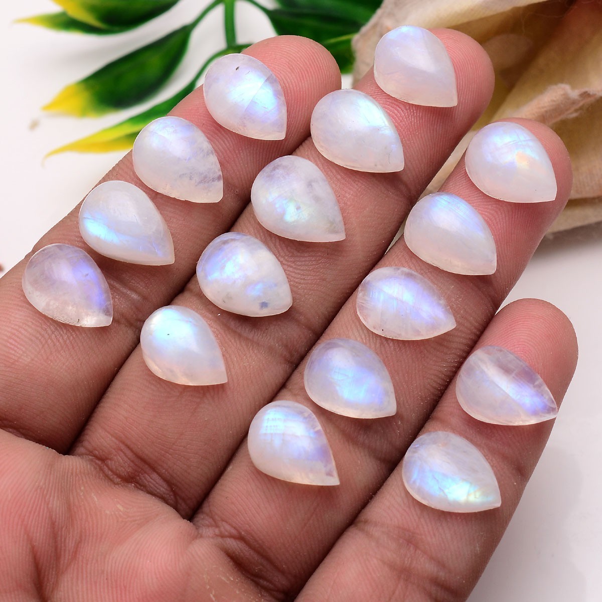 Set 16 Pcs Natural Moonstone Blue Shine 13.25mm-14.50mm Pear Cabochon Gemstones
