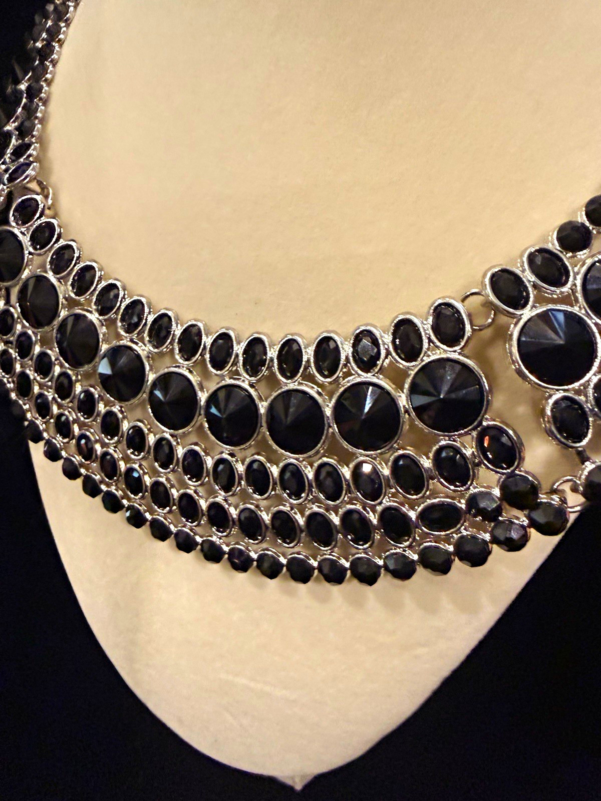Black Round Crystal Multi-Row Statement Collar Necklace Silver Plated Lobster