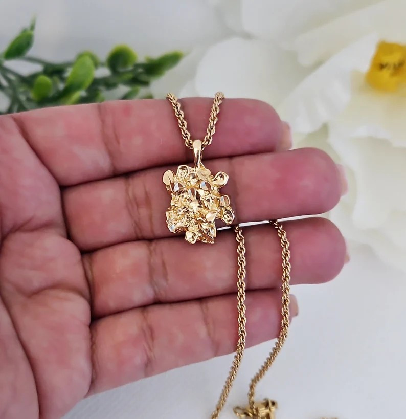 Gold Small Nugget Necklace, 14k Heavy Plated Gold, 1mm French Rope Chain
