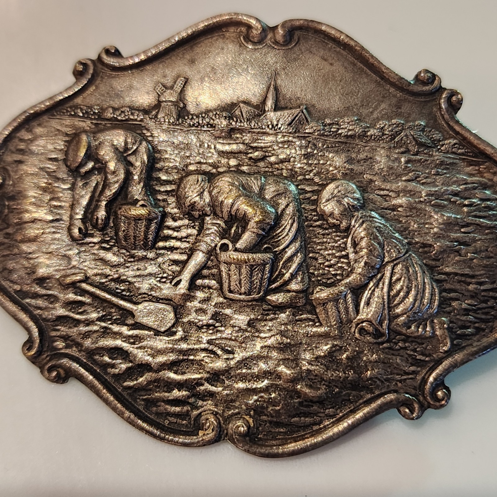 Antique Dutch Folk Art Repousse Brooch Harvest Scene Peasant Workers C-Clasp Pin