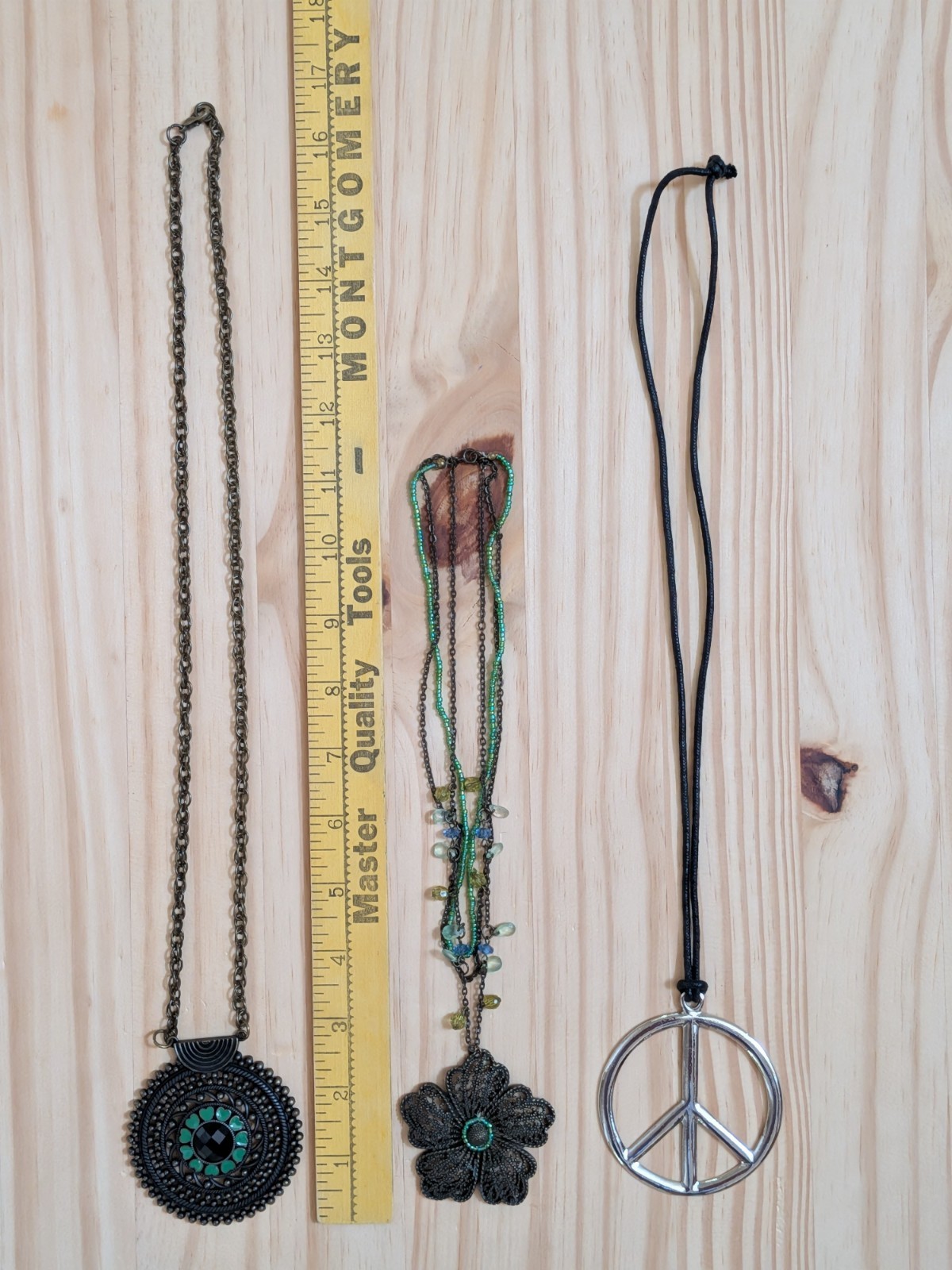 2 Boho Necklaces & 1 Retro: Medallion w/green hearts, Flower w/Beads, Peace Sign