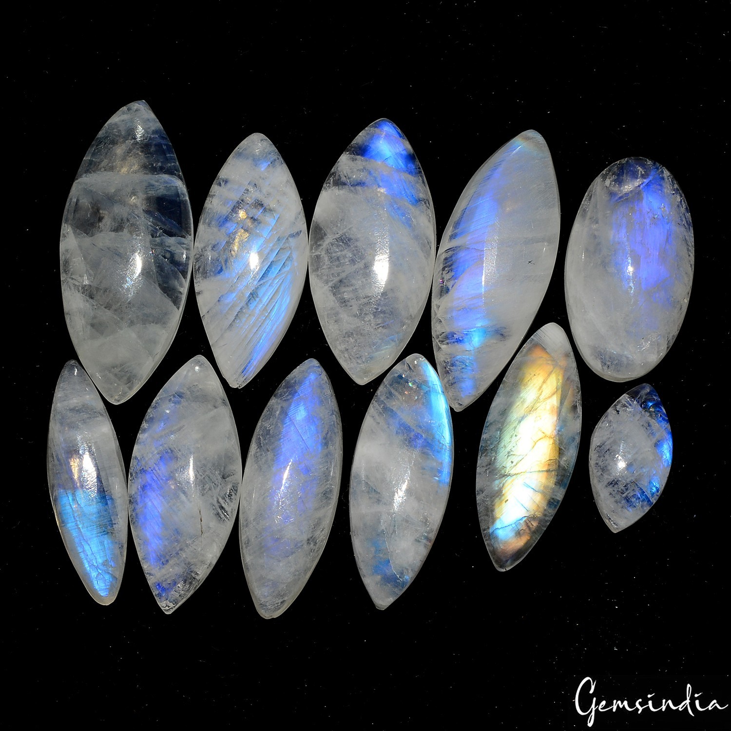 11 Pcs Natural Untreated Blue Shine Moonstone Oval/Marquise Cabochon Gemstones
