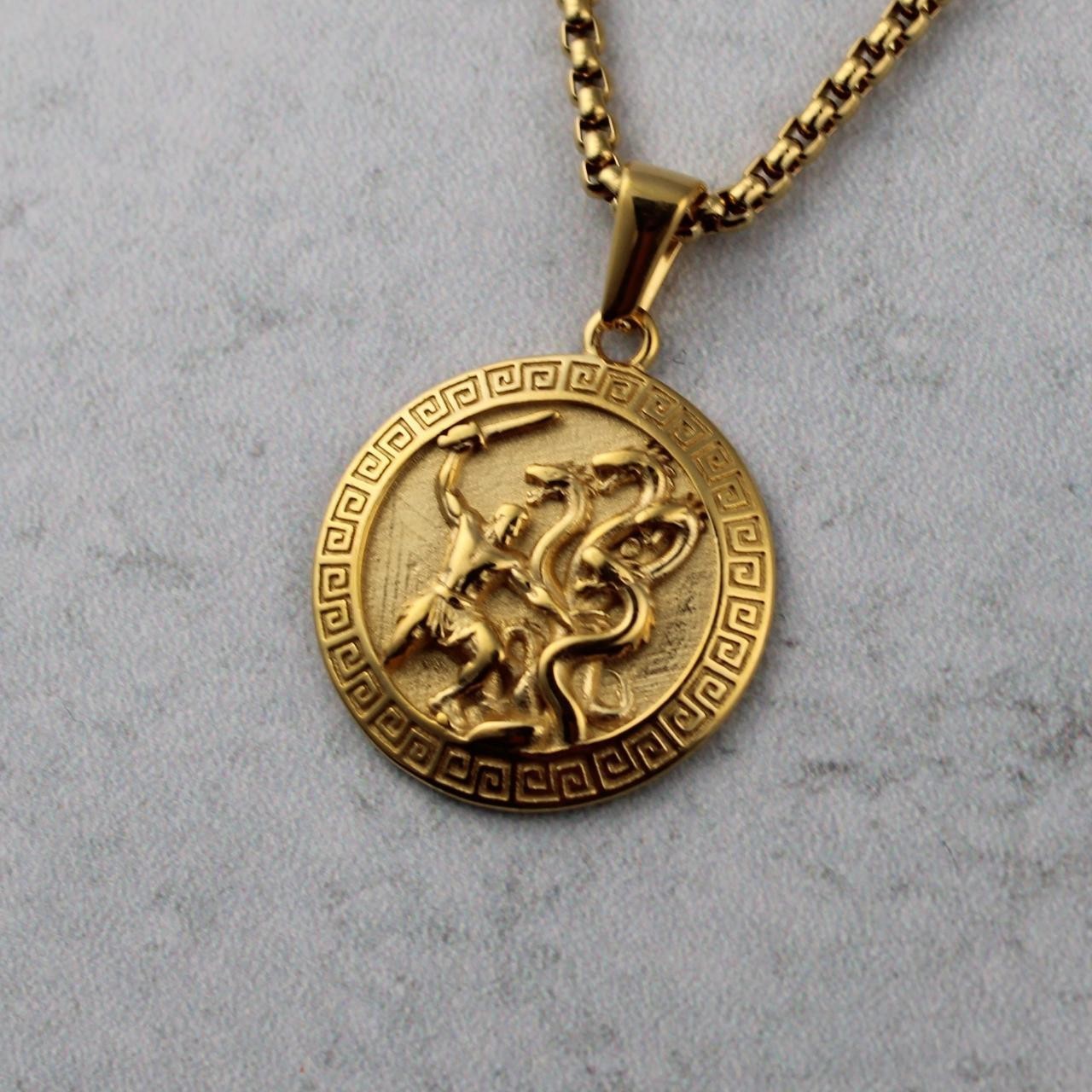 Gold Hercules Pendant Chain Necklace Box Chain Stainless Steel