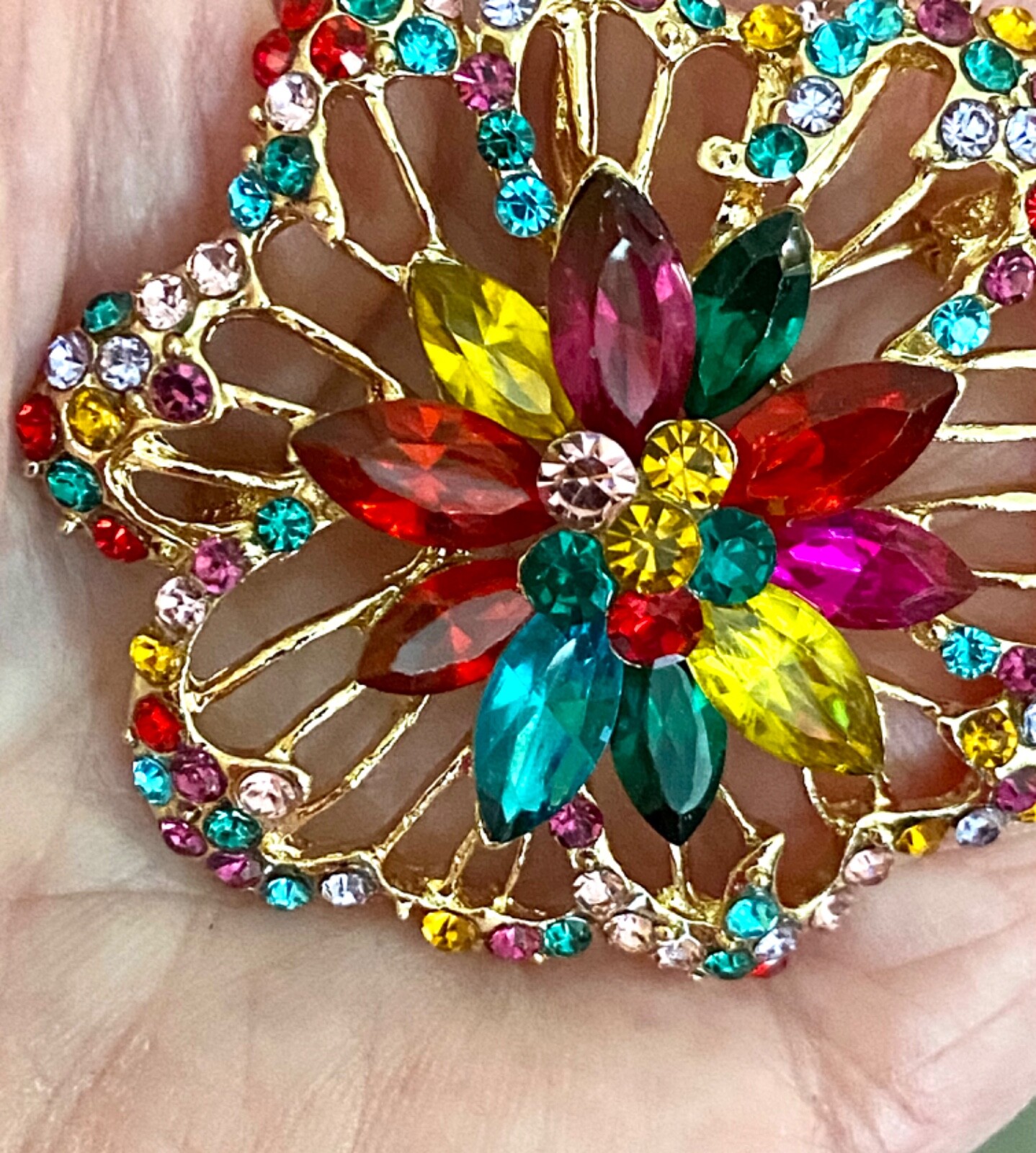 Multicolor Rhinestone Crystal Flower Brooch Pendant 1.95 inches