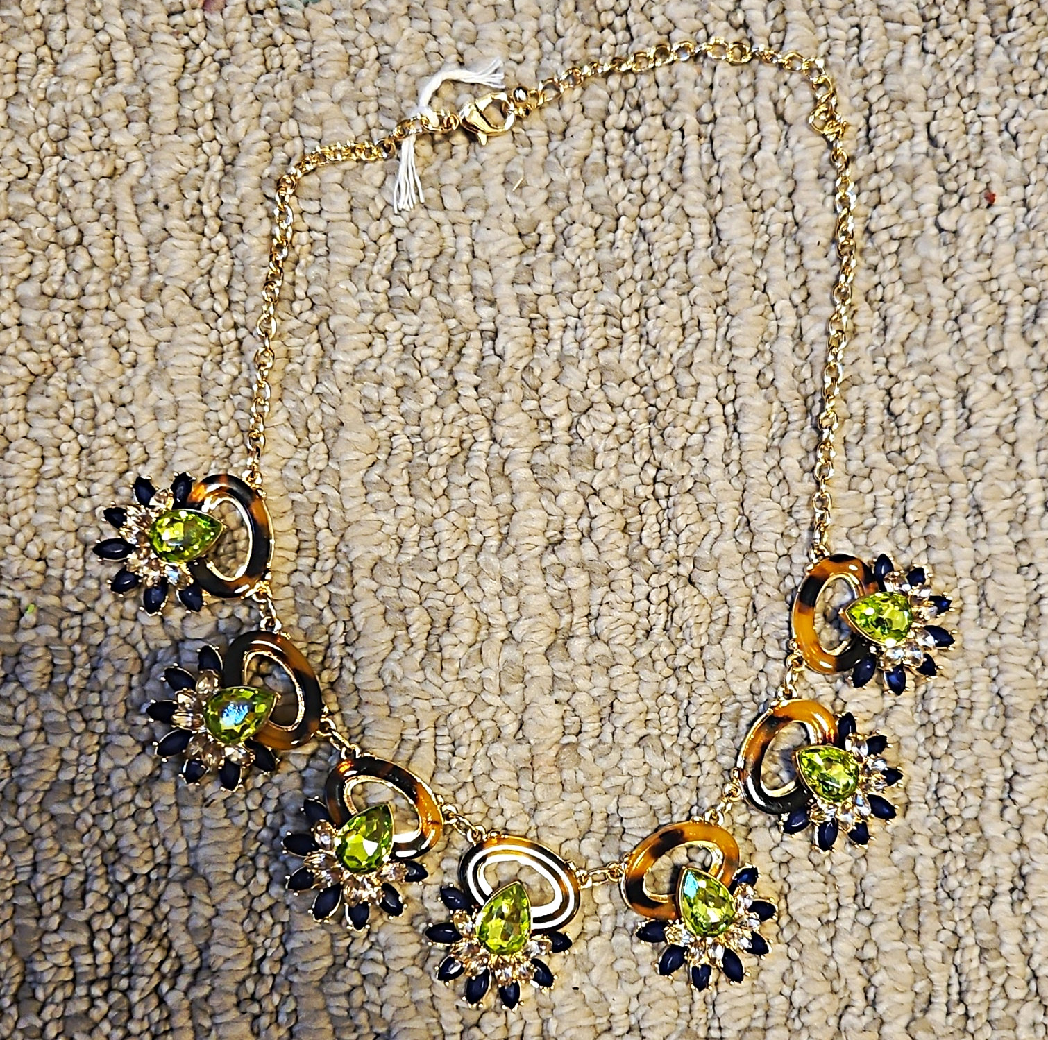 Gold Tone Statement Necklace Green Pear Crystals Blue Accents Flower Charms