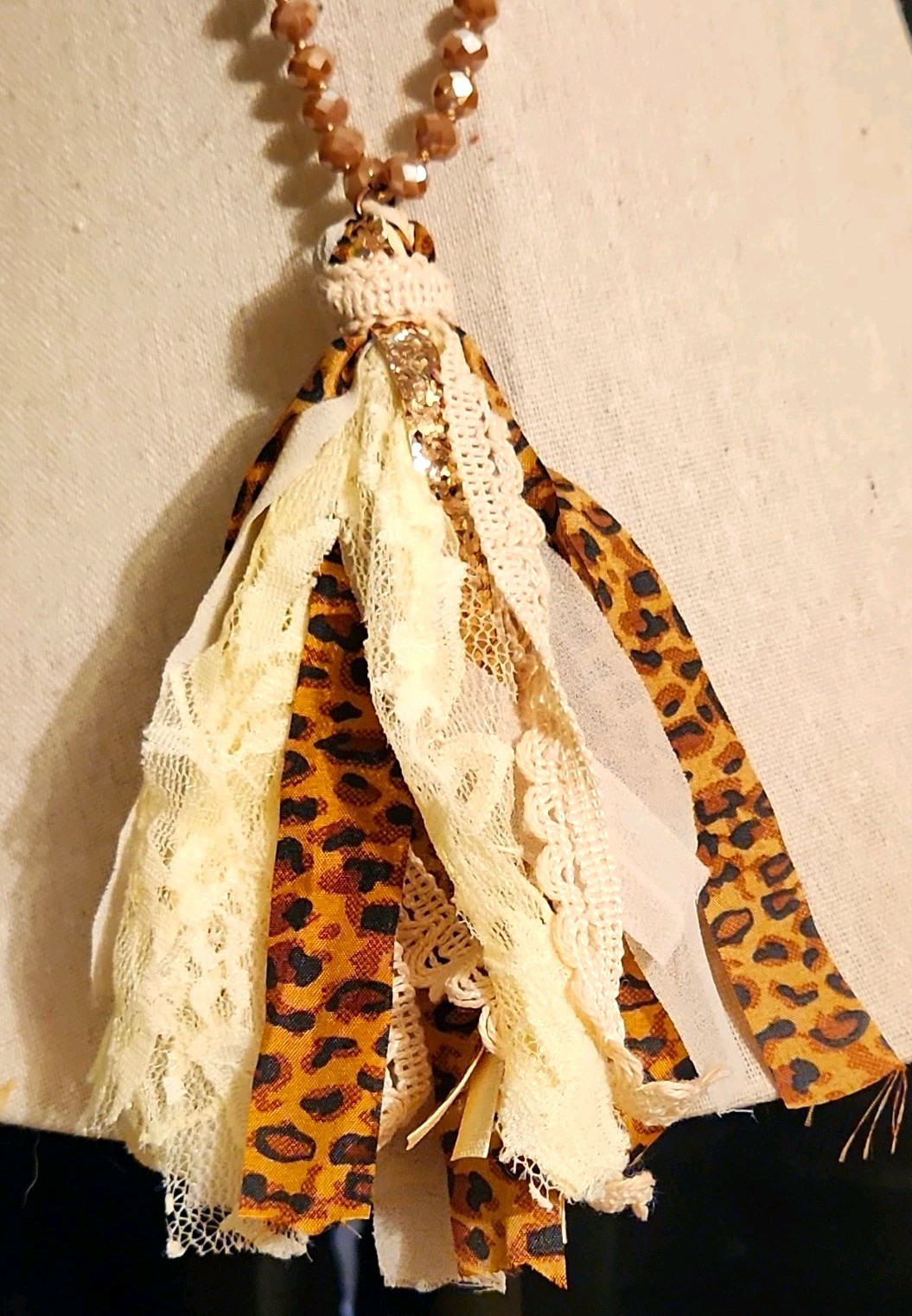 Brown Beige Beaded Ball Chain Necklace Leopard Print Lace Tassel Pendant