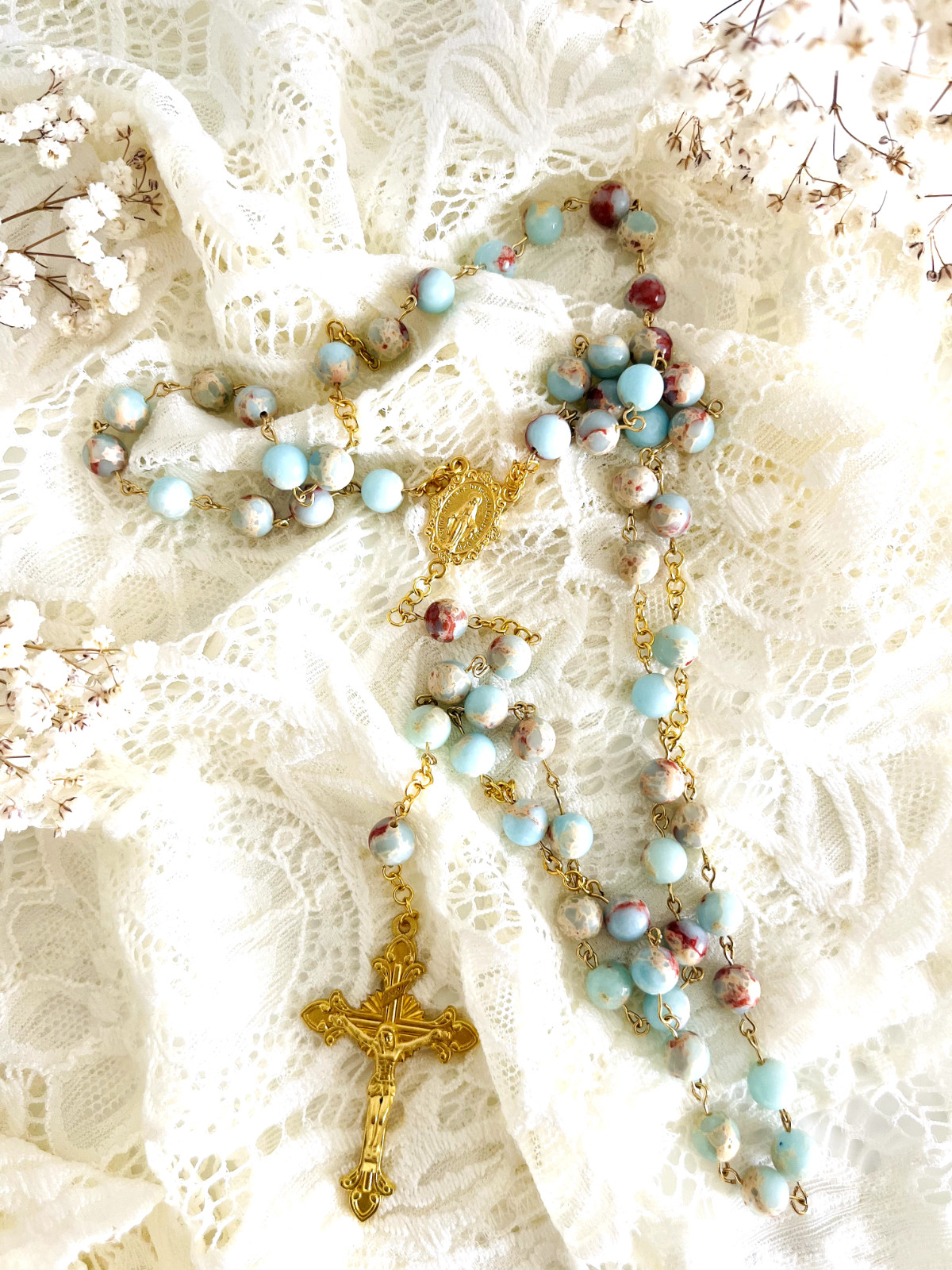 26″ inches Rosary. 18k Gold-plated chain. Natural Howlite stone beads. Calming,