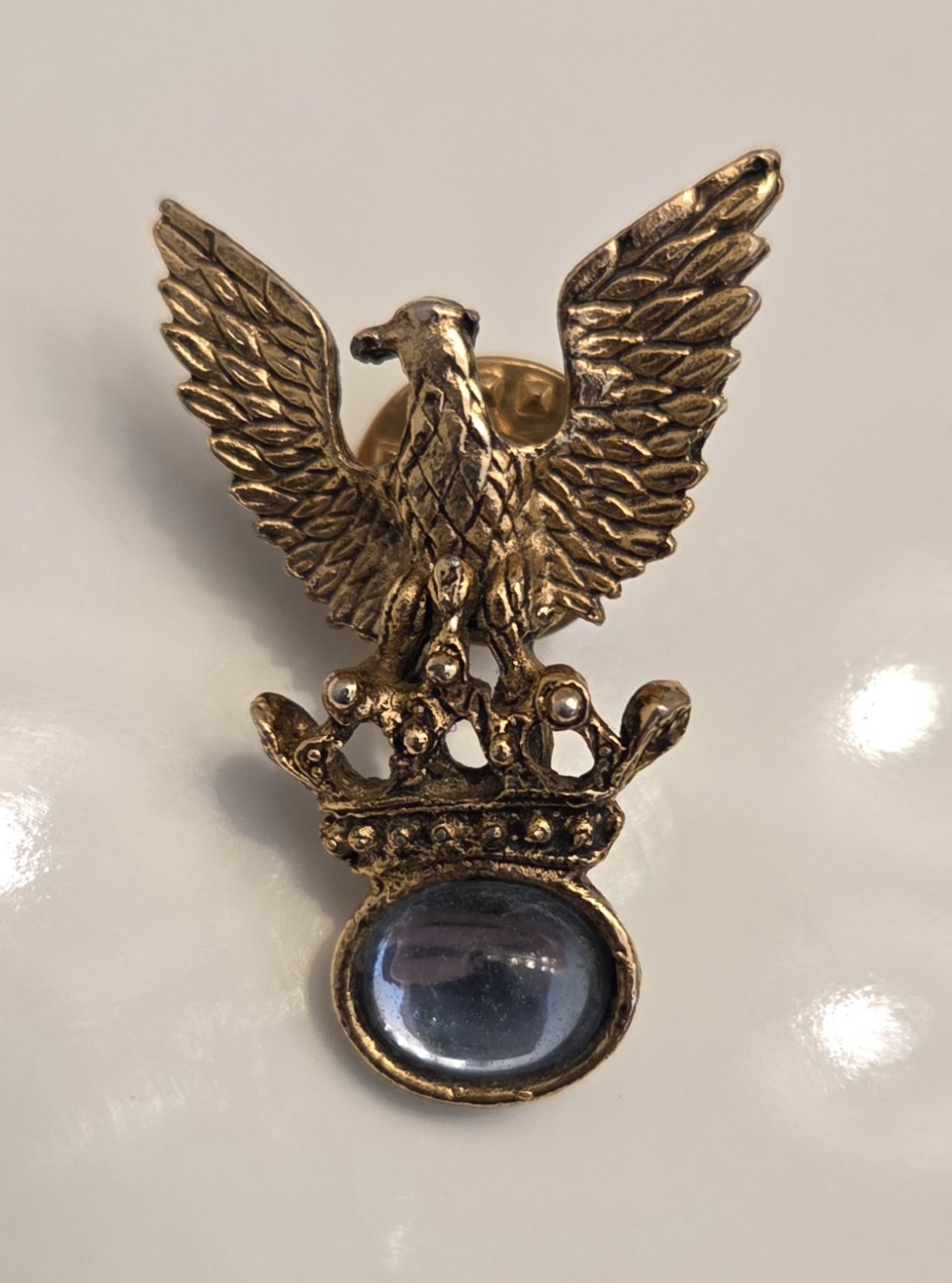 Vintage Gold Tone Eagle Crown Lapel Pin Blue Stone Cabochon Heraldic Brooch