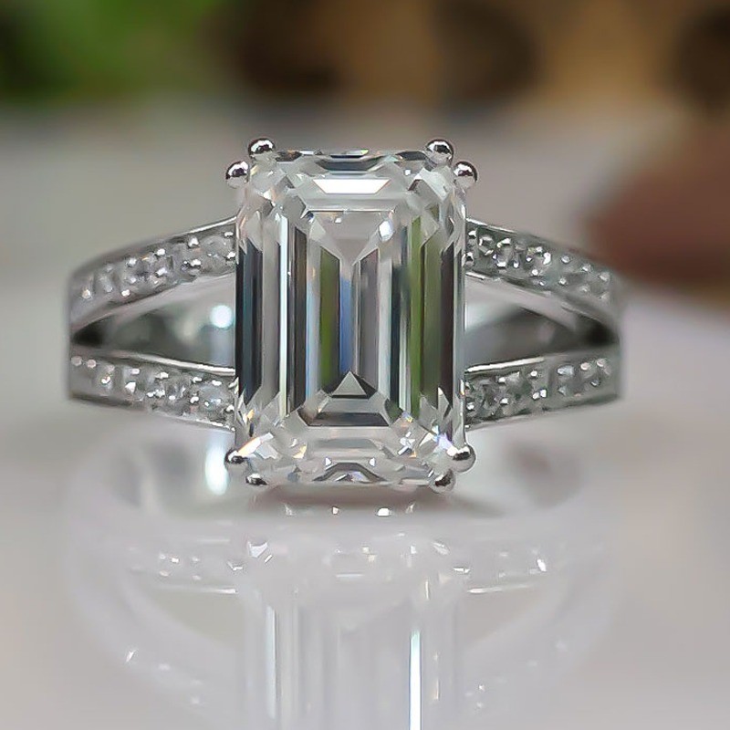 3.20TWC Emerald Cut Moissanite Split Shank Engagement Ring 14K White Gold Plated