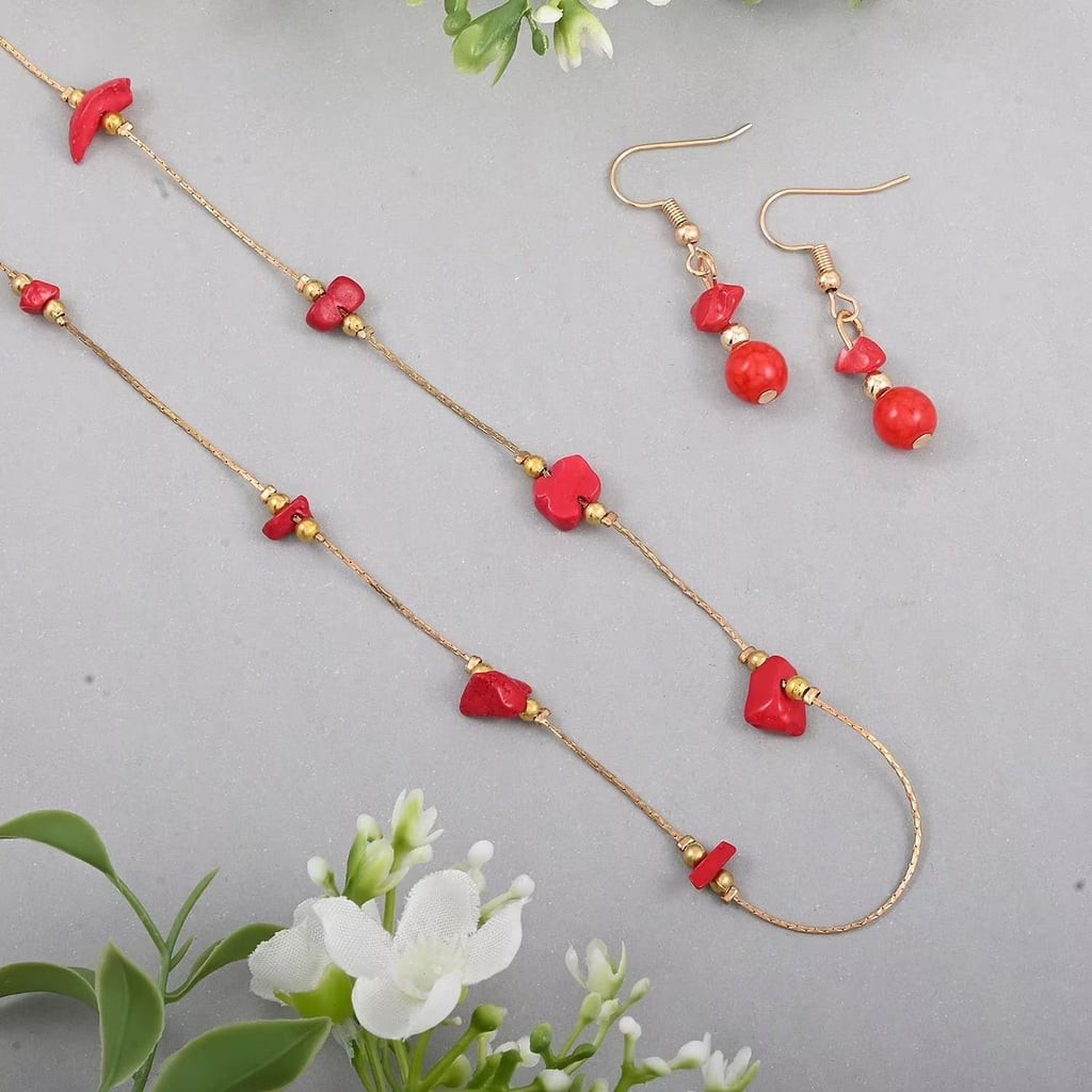 Red Howlite Station Necklace and Earring Jewelry Set