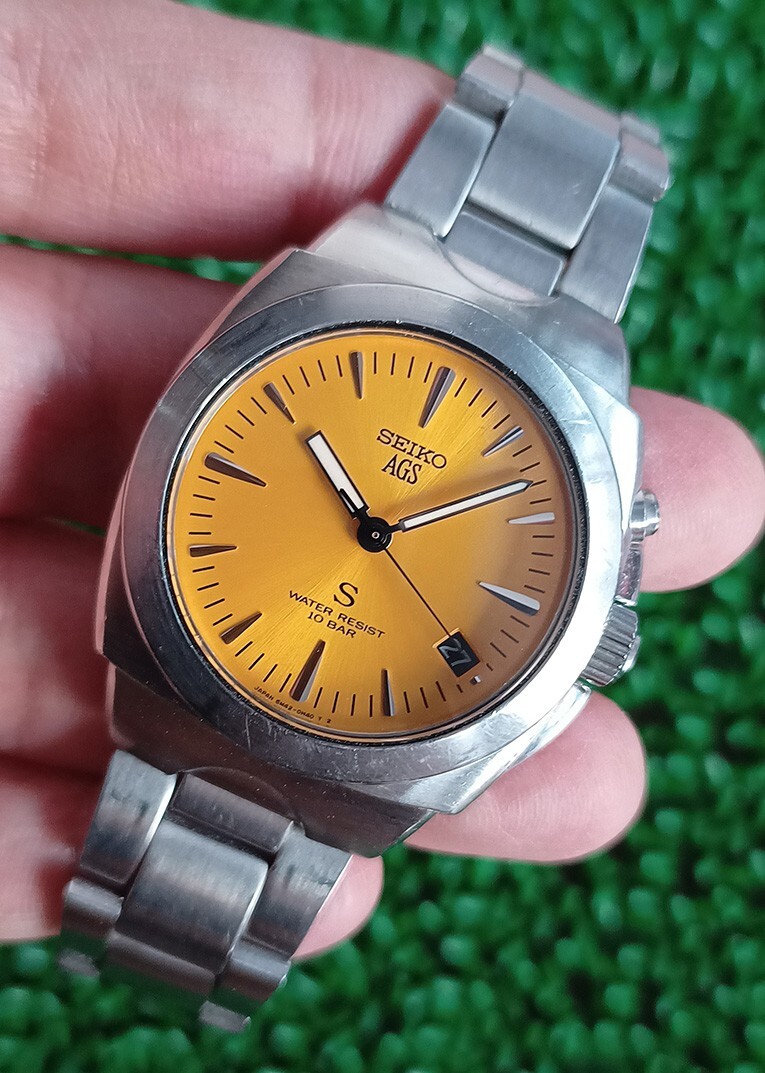 RARE SEIKO AGS KINETIC 5M42-0E50 ORANGE DIAL ALL ORIGINAL WORKING 100%GENT WATCH