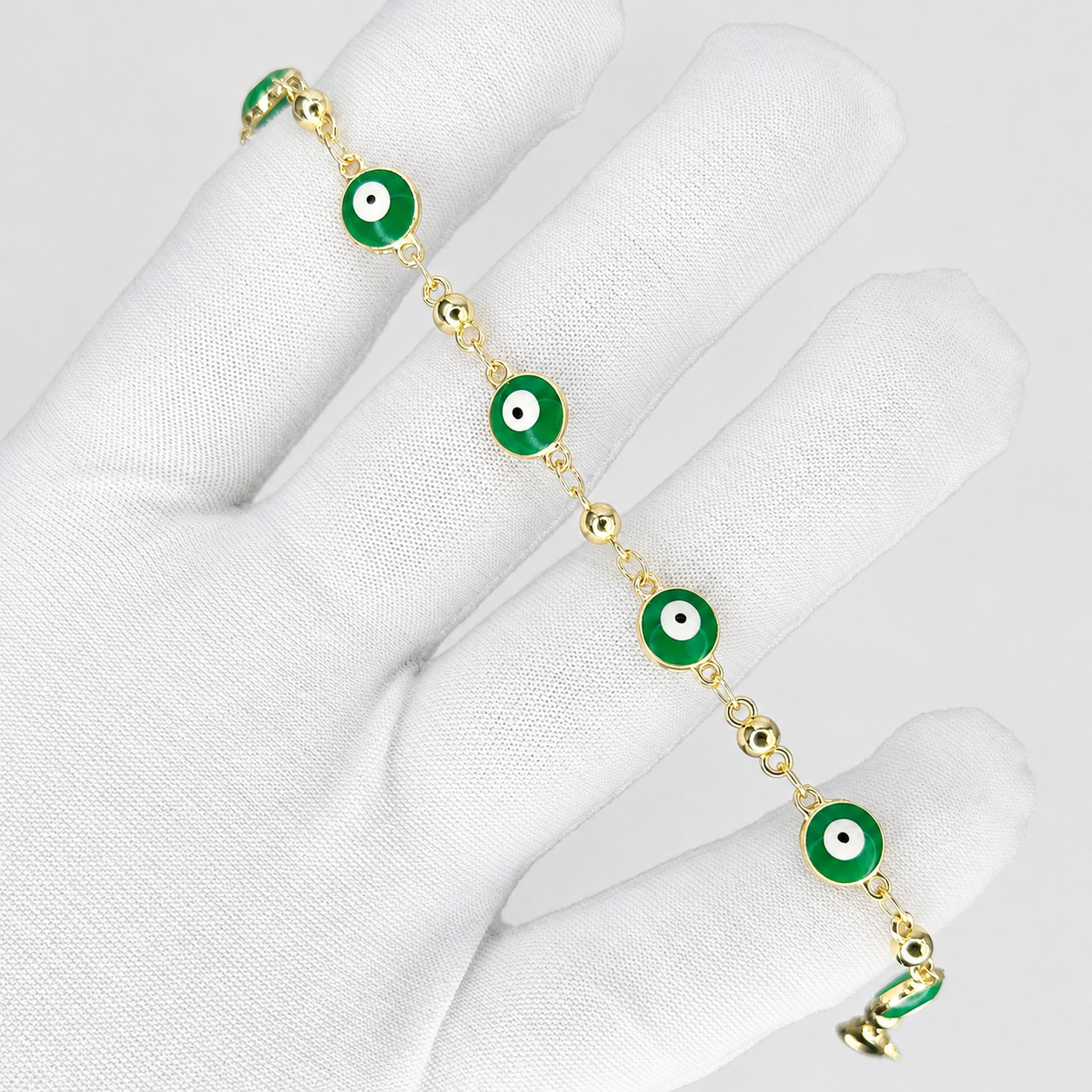 Real 1/200 14K Yellow Gold Overlay Green Evil Eye Rosary Religious Bracelet
