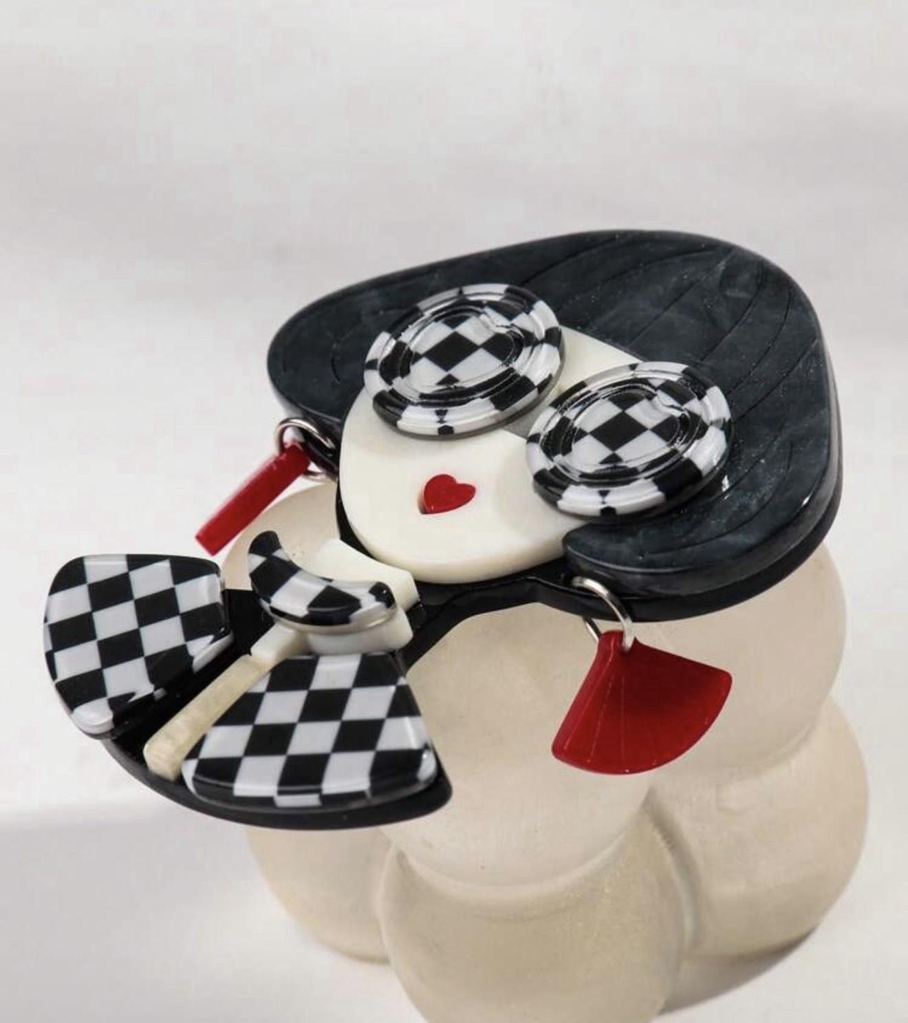 Resin Lady Brooch Black White Checkered Red Dangle Earrings Pin Vintage Style