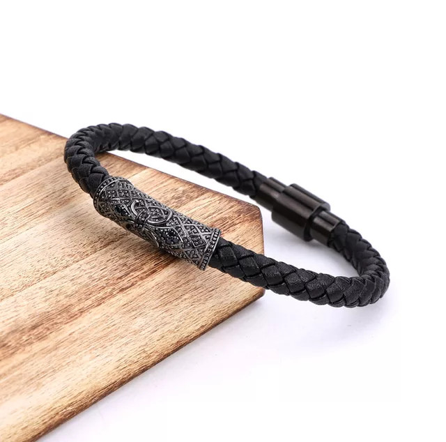 Genuine Leather Stainless Steel Gold/Silver/Black Plated Bracelet & Cubic Zircon
