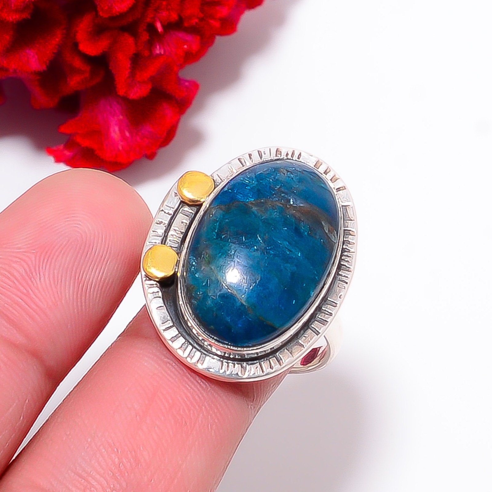 Neon Blue Apatite – Bahia Mines Two Tone 925 Sterling Silver Ring S.9 R9821