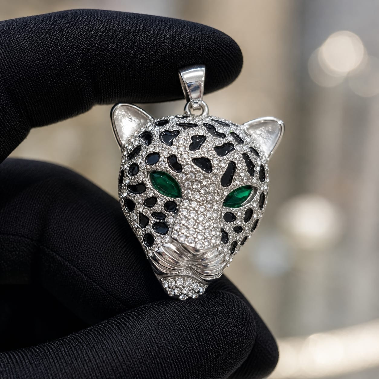 Iced Out Leopard Head Pendant Silver Stainless Steel Blue Red Green Eyes